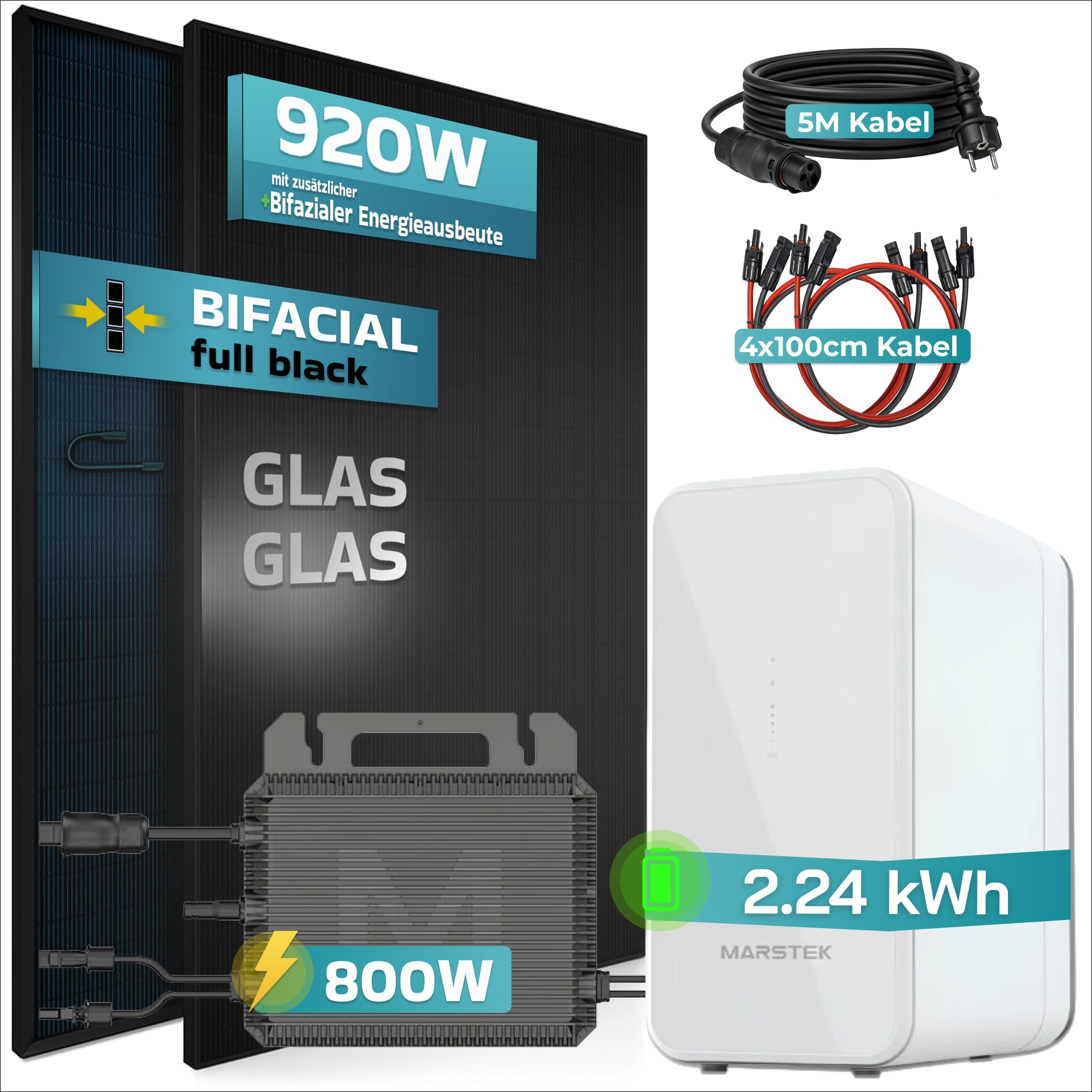 SUNNIVA&reg; 920W Balkonkraftwerk mit 2,24 kWh Speicher Marstek B2500-D, BIFAZIAL FULLBLACK komplett Steckdose, PV Solaranlage Komplettset mit Solarspeicher, 2x 460W N-Type Glas-Glas Bifacial Module - Bild 1