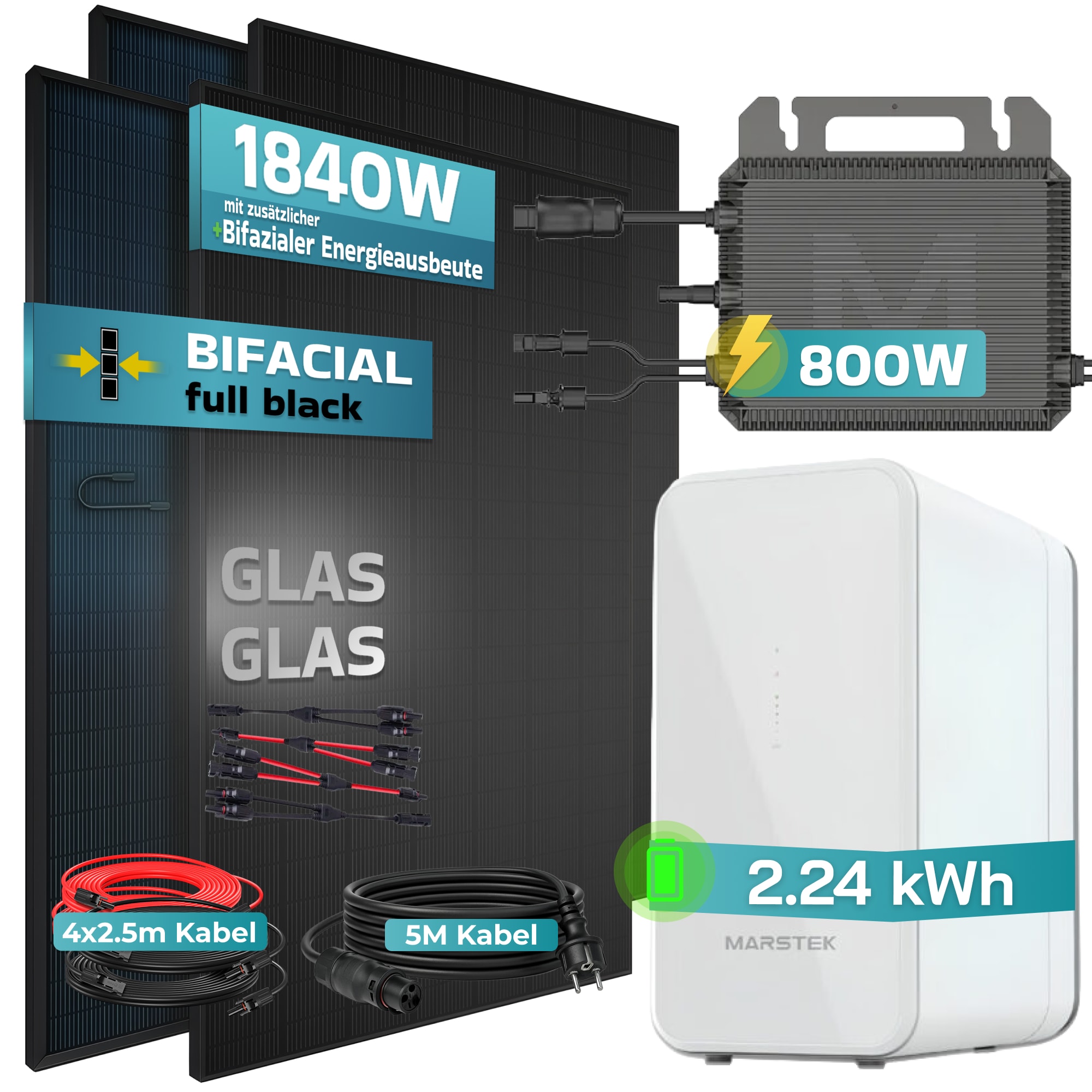SUNNIVA&reg; 1840W Balkonkraftwerk mit 2,24 kWh Speicher Marstek B2500-D, BIFAZIAL FULLBLACK komplett Steckdose, PV Solaranlage Komplettset mit Solarspeicher, 4x 460W N-Type Glas-Glas Bifacial Module - Bild 1