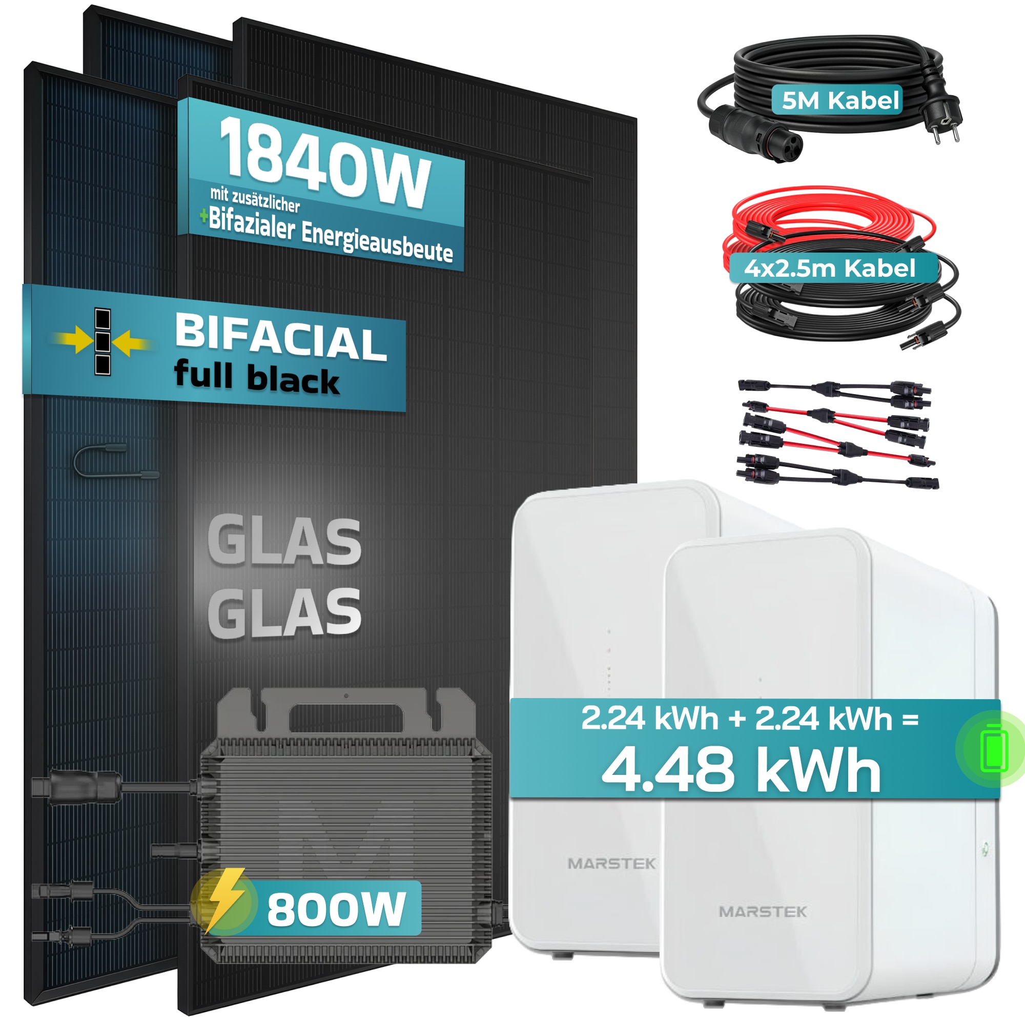 SUNNIVA&reg; 1840W Balkonkraftwerk mit 4.48 kWh Speicher Marstek 2x B2500-D, BIFAZIAL FULLBLACK komplett Steckdose, PV Solaranlage Komplettset mit Solarspeicher, 4x 460W N-Type Glas-Glas Bifacial Module - Bild 1