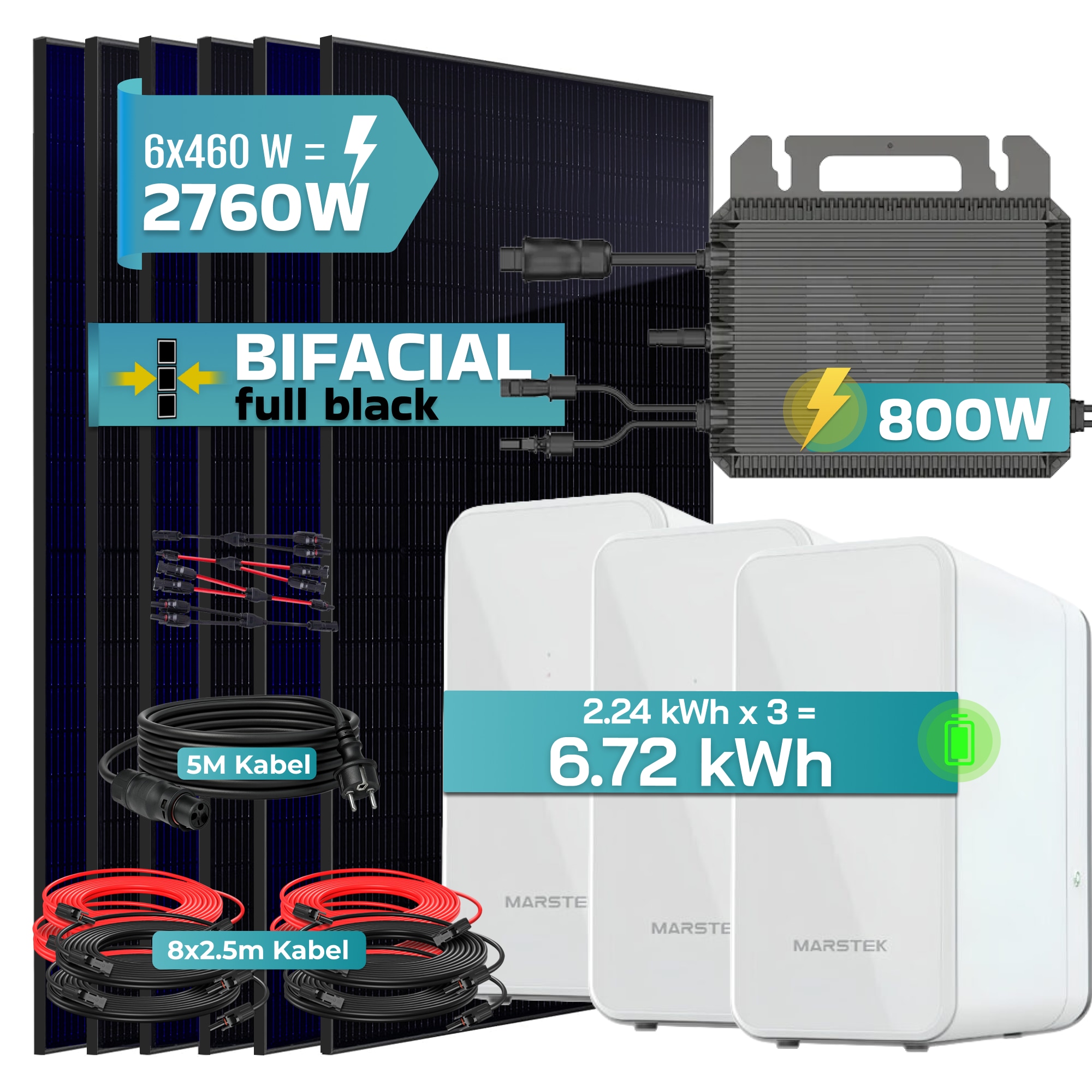 SUNNIVA&reg; 2760W Balkonkraftwerk mit 6,72 kWh Speicher Marstek 3x B2500-D, BIFAZIAL FULLBLACK komplett Steckdose, PV Solaranlage Komplettset mit Solarspeicher, 6x 460W N-Type Glas-Glas Bifacial Module - Bild 1