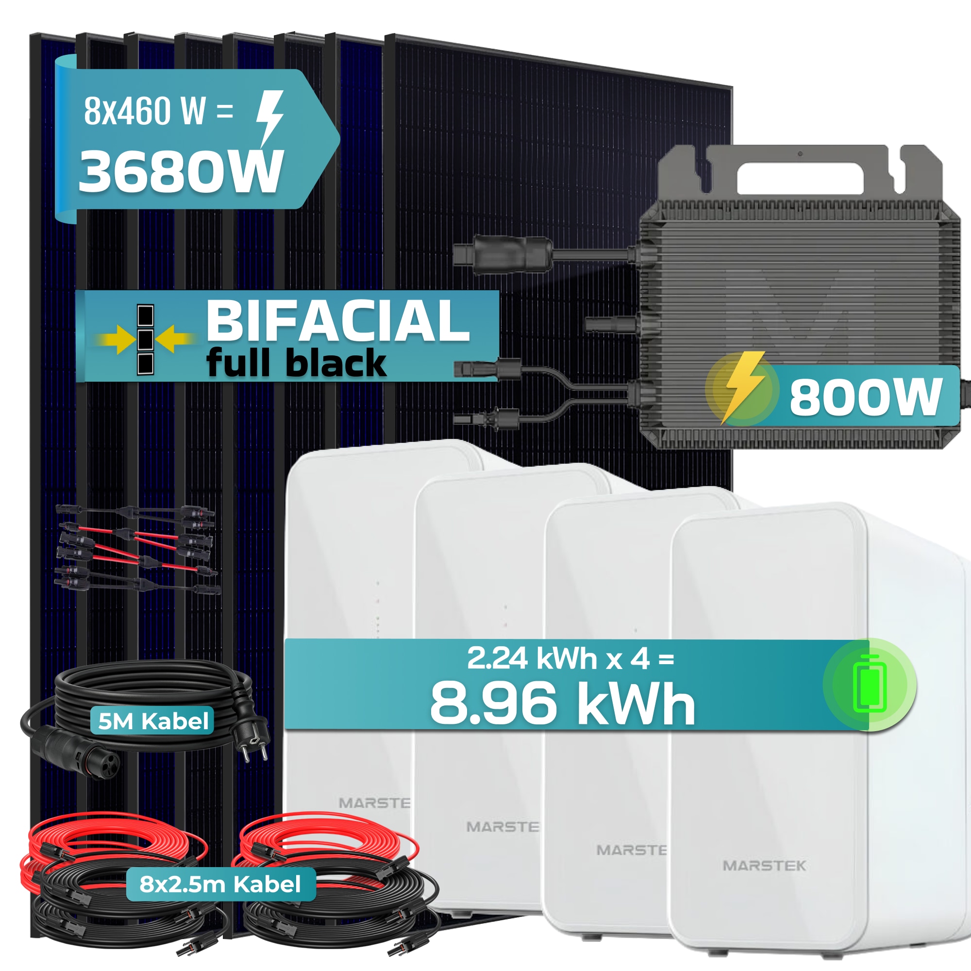 SUNNIVA&reg; 3680W Balkonkraftwerk mit 8,96 kWh Speicher Marstek 4x B2500-D, BIFAZIAL FULLBLACK komplett Steckdose, PV Solaranlage Komplettset mit Solarspeicher, 8x 460W N-Type Glas-Glas Bifacial Module - Bild 1