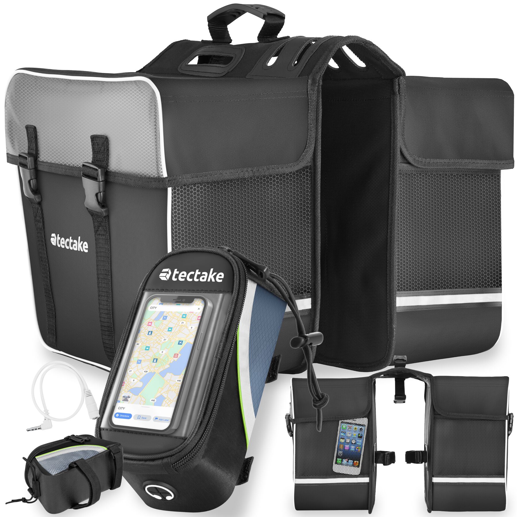 tectake&reg; Set Fahrradtasche Georg und Fahrradrahmentasche, gro&szlig;e Fahrradtasche mit 2 F&auml;chern, Schnallenverschluss, Tragegriff und Reflektorstreifen, wasserabweisend und robust - Bild 1