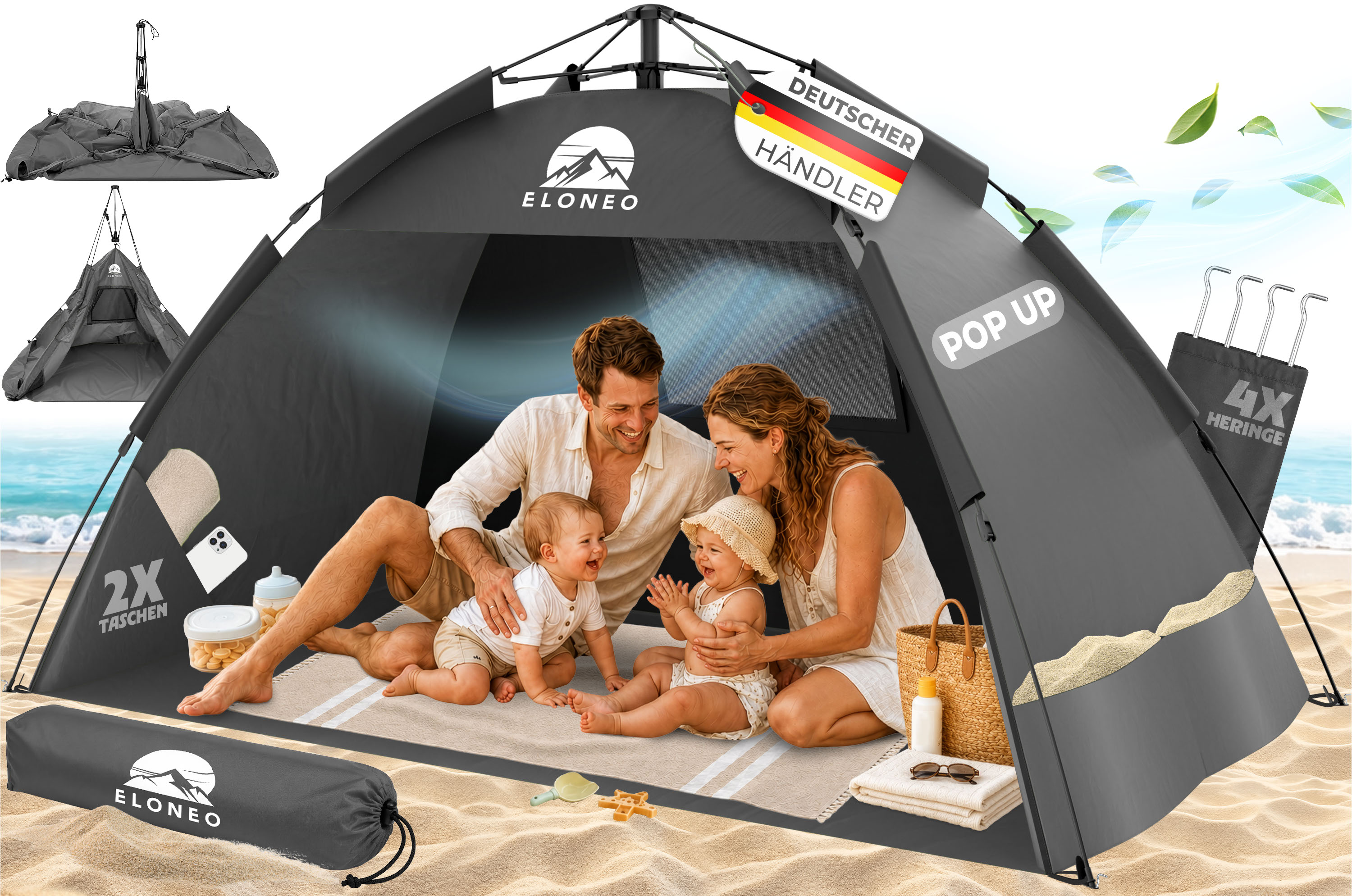 ELONEO Pop Up Strandmuschel UV Schutz 80+, Leichter Aufbau und kleines Packma&szlig; inkl. Tragetasche, Strand Sonnenschutz & Windschutz f&uuml;r Babys und Erwachsene, Grau, 190x100x110 cm - Bild 1
