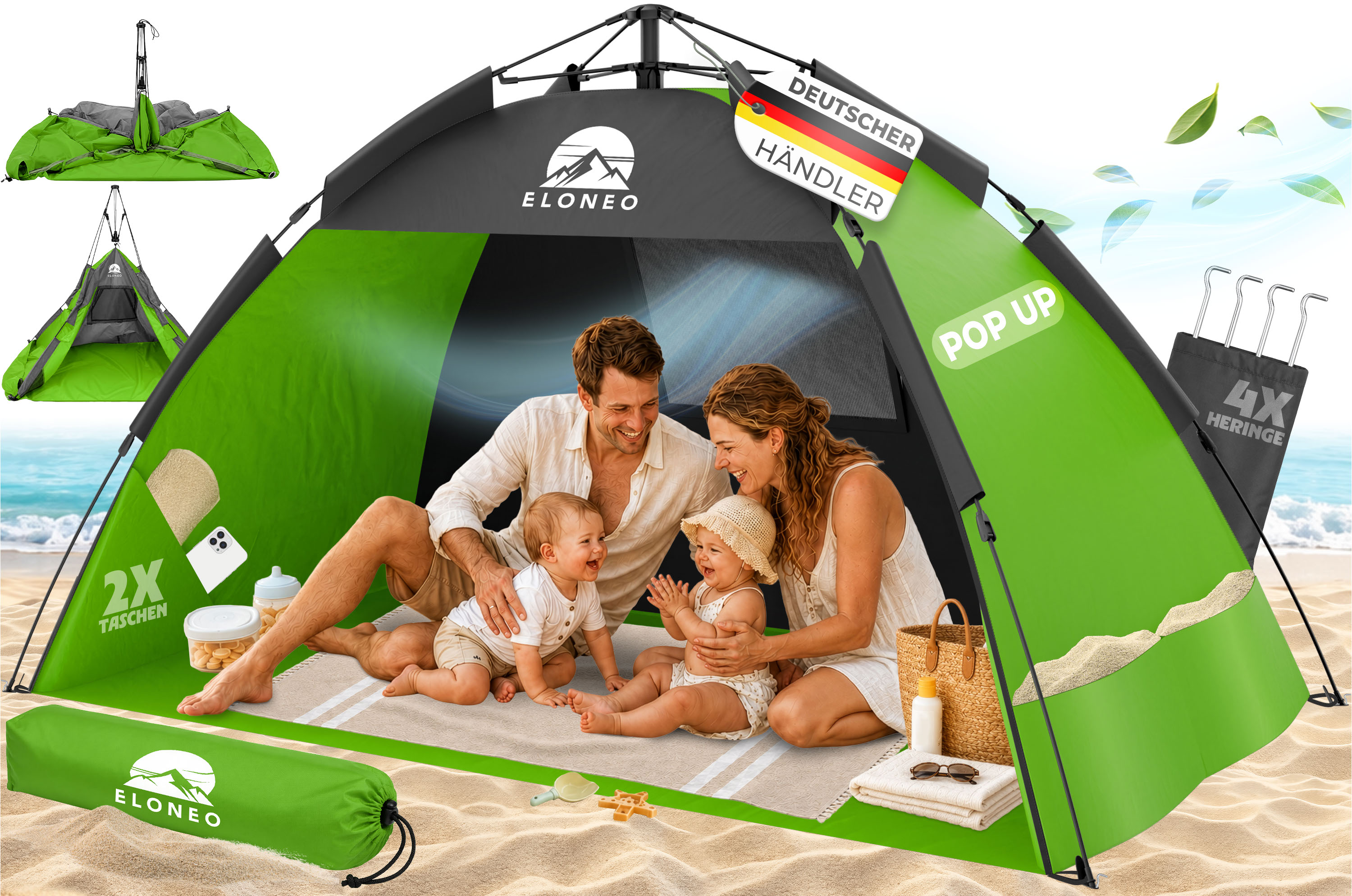 ELONEO Pop Up Strandmuschel UV Schutz 80+, Leichter Aufbau und kleines Packma&szlig; inkl. Tragetasche, Strand Sonnenschutz & Windschutz f&uuml;r Babys und Erwachsene, Gr&uuml;n, 190x100x110 cm - Bild 1