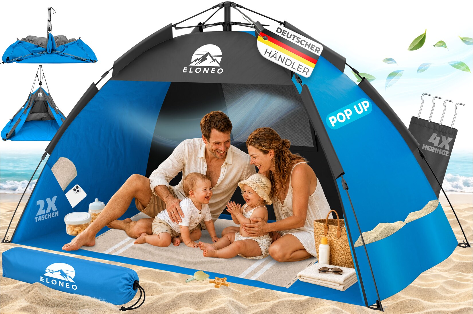 ELONEO Pop Up Strandmuschel UV Schutz 80+, Leichter Aufbau und kleines Packmaß inkl. Tragetasche, Strand Sonnenschutz & Windschutz für Babys und Erwachsene, Blau, 190x100x110 cm