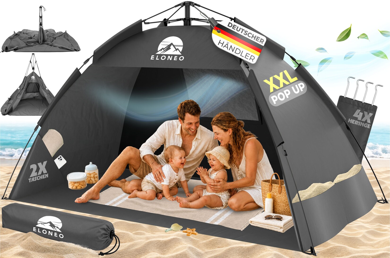 ELONEO Pop Up Strandmuschel UV Schutz 80+, Leichter Aufbau und kleines Packmaß inkl. Tragetasche, Strand Sonnenschutz & Windschutz für Babys und Erwachsene