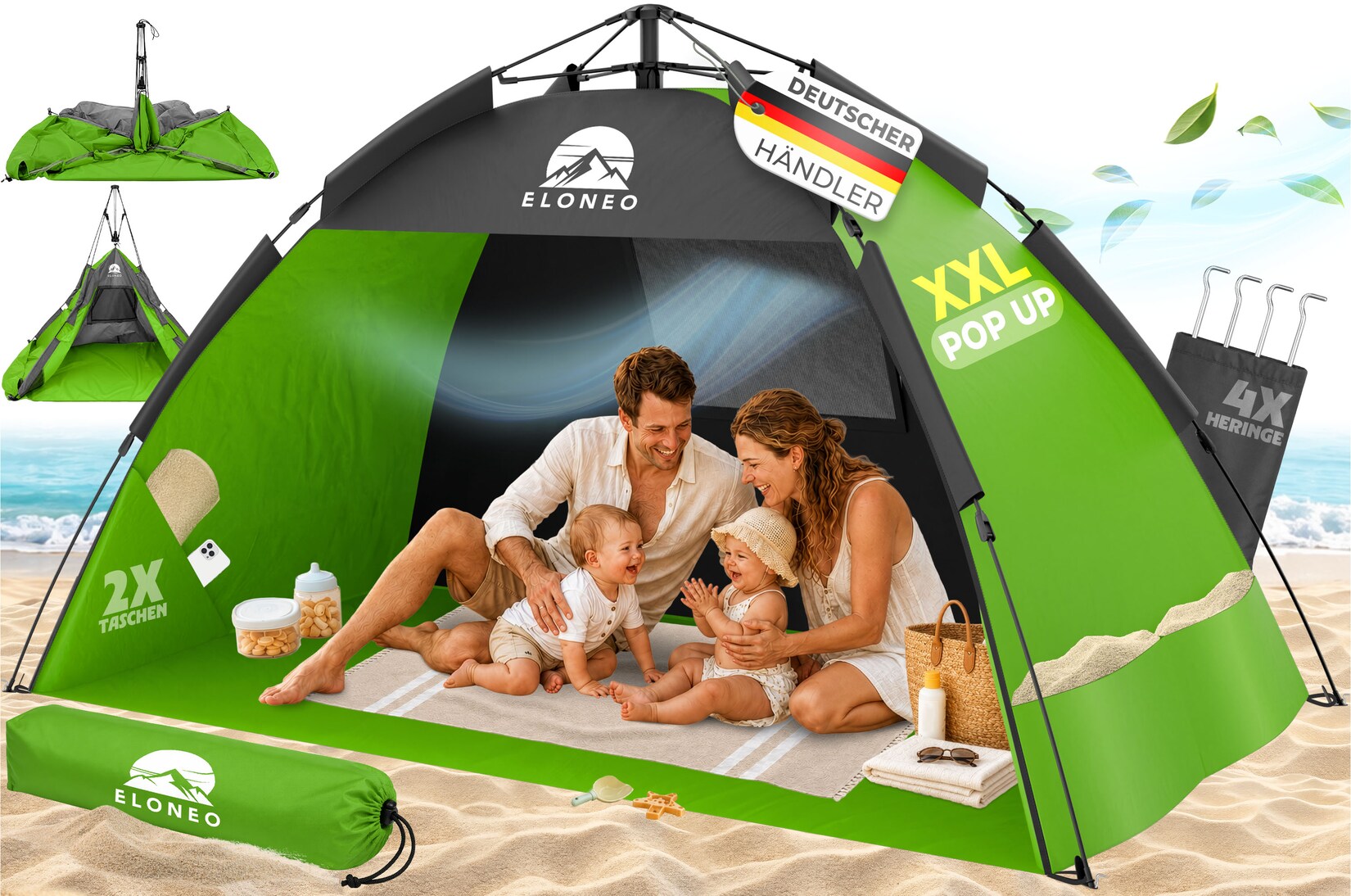 ELONEO Pop Up Strandmuschel UV Schutz 80+, Leichter Aufbau und kleines Packmaß inkl. Tragetasche, Strand Sonnenschutz & Windschutz für Babys und Erwachsene