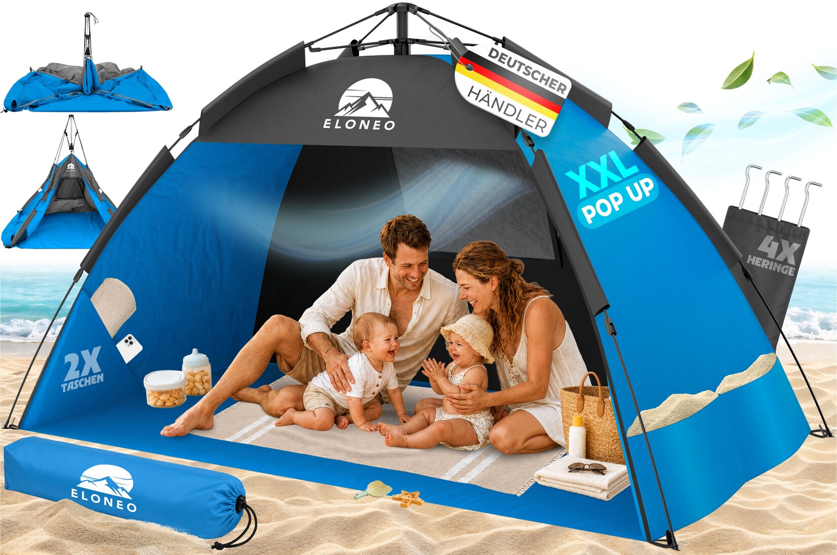 ELONEO Pop Up Strandmuschel UV Schutz 80+, Leichter Aufbau und kleines Packmaß inkl. Tragetasche, Strand Sonnenschutz & Windschutz für Babys und Erwachsene