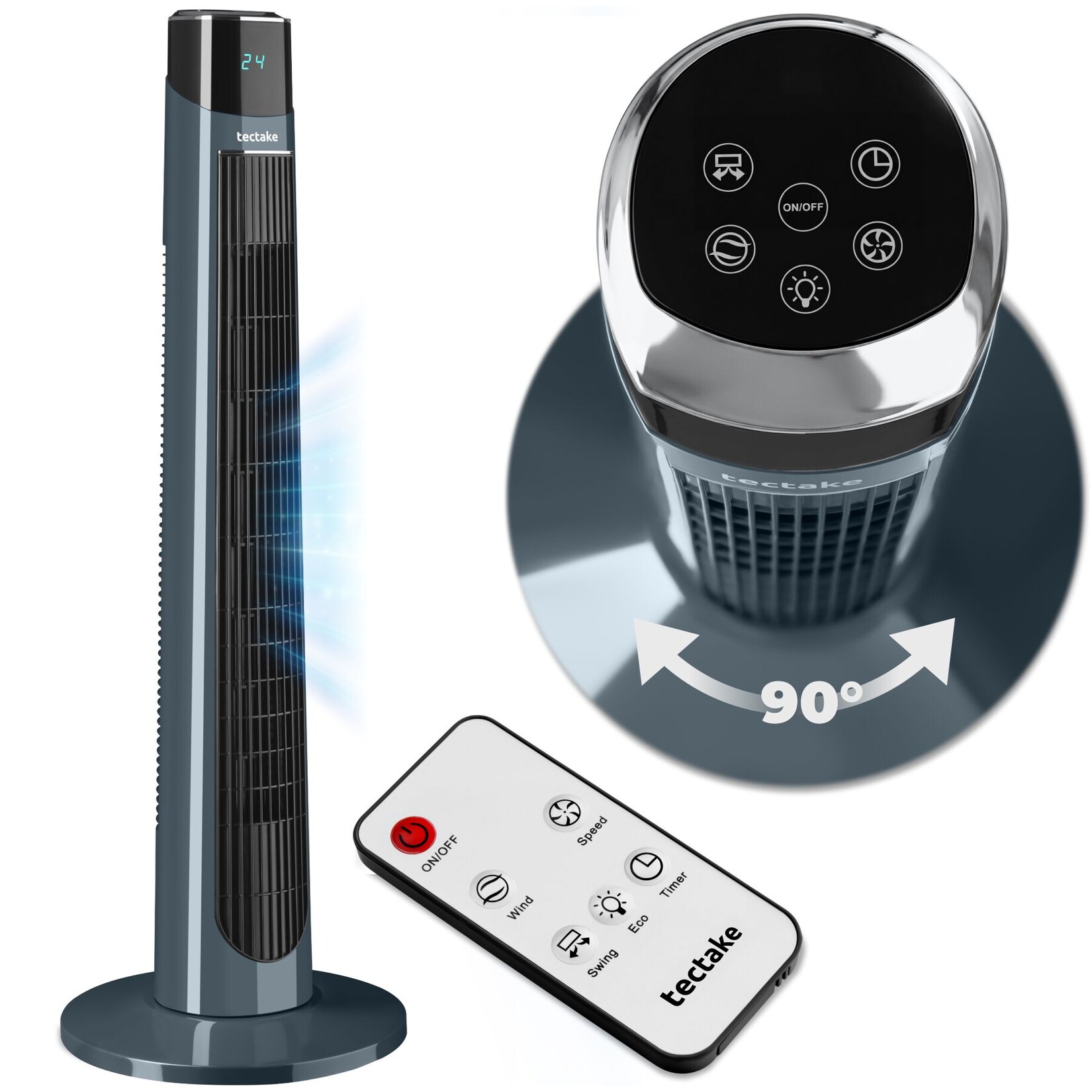 tectake® Turmventilator, 90° Schwenkfunktion, 12-Stunden-Timer, extrem leise und energiesparend