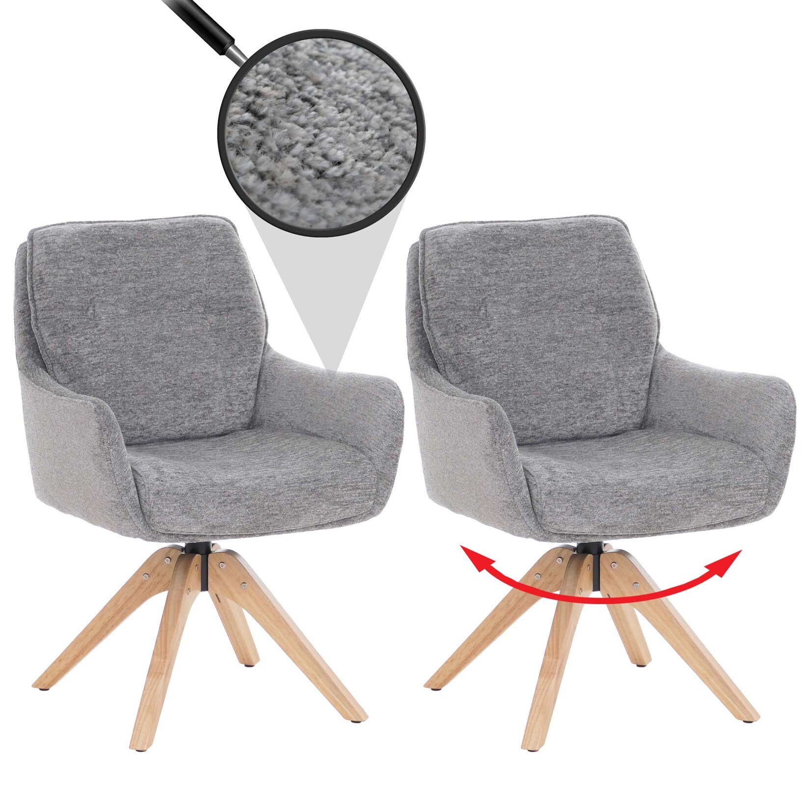 2er-Set Esszimmerstuhl MCW-Q37, Küchenstuhl drehbar, Stoff (680g/m²) Chenille Öko-Tex Holz MVG ~ grau