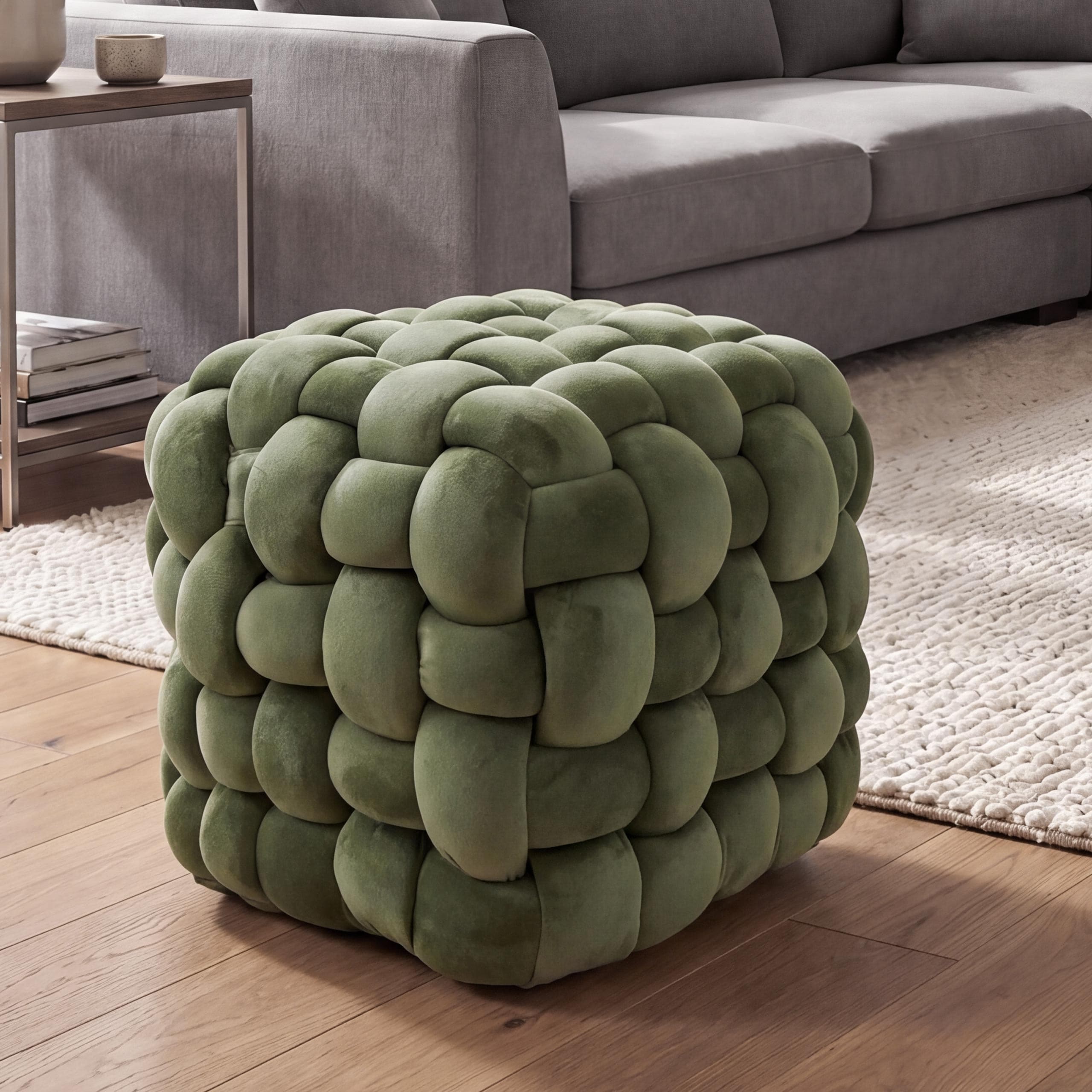 Hocker MCW-Q48, Sitzhocker Ottomane Polsterhocker Knoten-Pouf, Samt (220g/m&sup2;) 39cm ~ gr&uuml;n - Bild 1