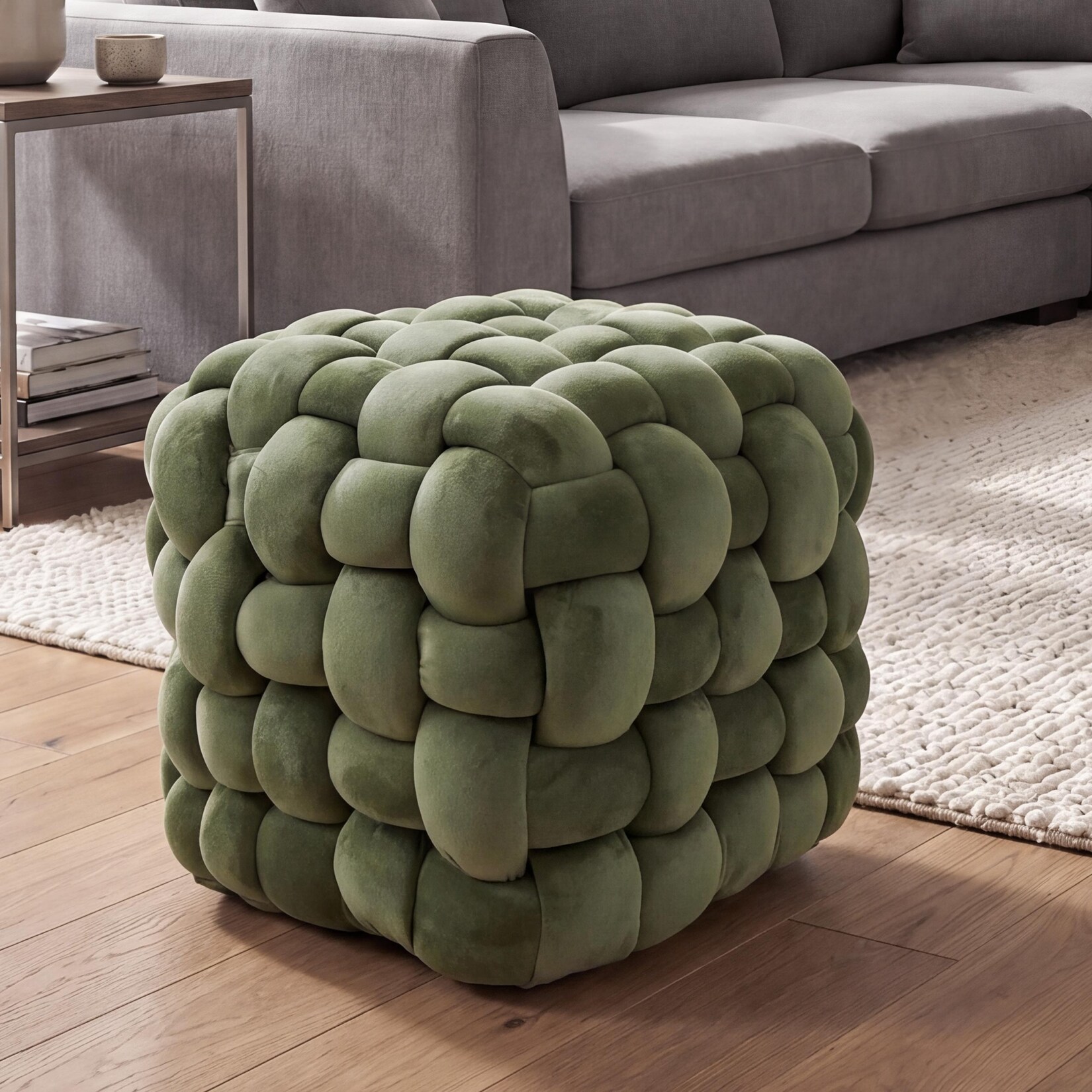 Hocker MCW-Q48, Sitzhocker Ottomane Polsterhocker Knoten-Pouf, Samt (220g/m²) 39cm ~ grün