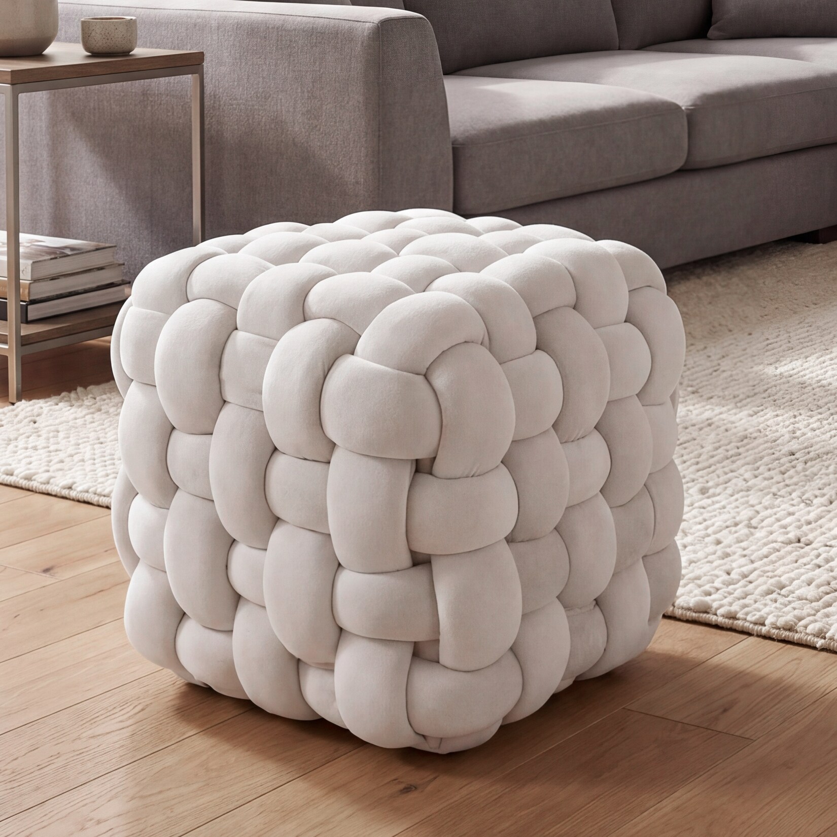 Hocker MCW-Q48, Sitzhocker Ottomane Polsterhocker Knoten-Pouf, Samt (220g/m²) 39cm ~ beige