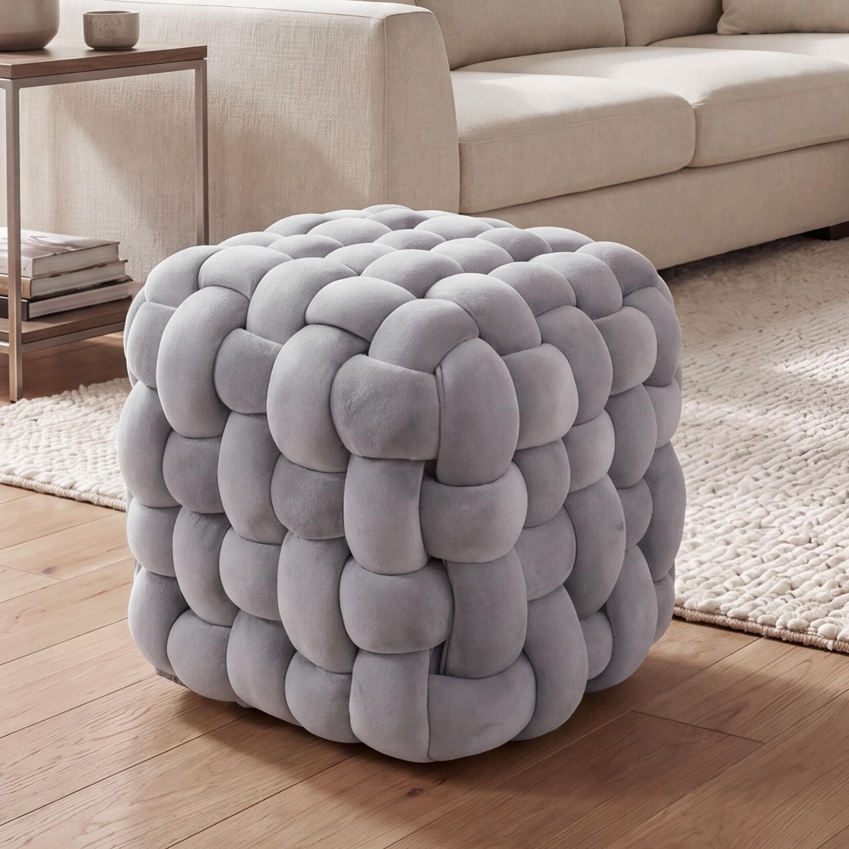 Hocker MCW-Q48, Sitzhocker Ottomane Polsterhocker Knoten-Pouf, Samt (220g/m²) 39cm ~ dunkelgrau