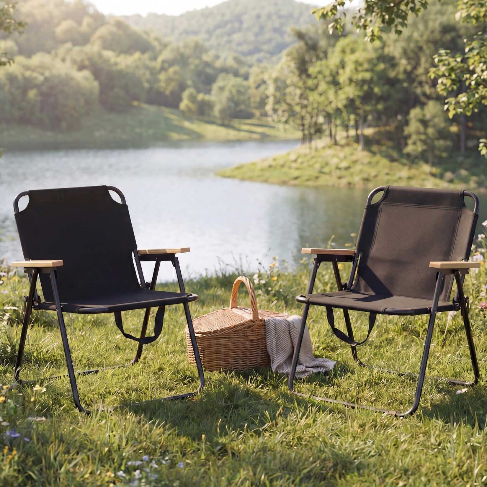 2er-Set Campingstuhl MCW-Q43, Gartenstuhl Balkonstuhl Freizeitstuhl, klappbar Bambus Metall Stoff/Textil ~ schwarz