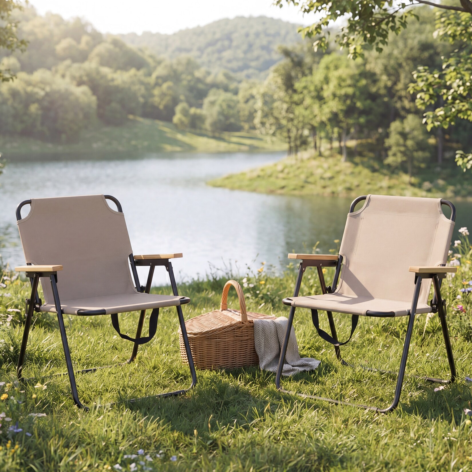2er-Set Campingstuhl MCW-Q43, Gartenstuhl Balkonstuhl Freizeitstuhl, klappbar Bambus Metall Stoff/Textil ~ creme
