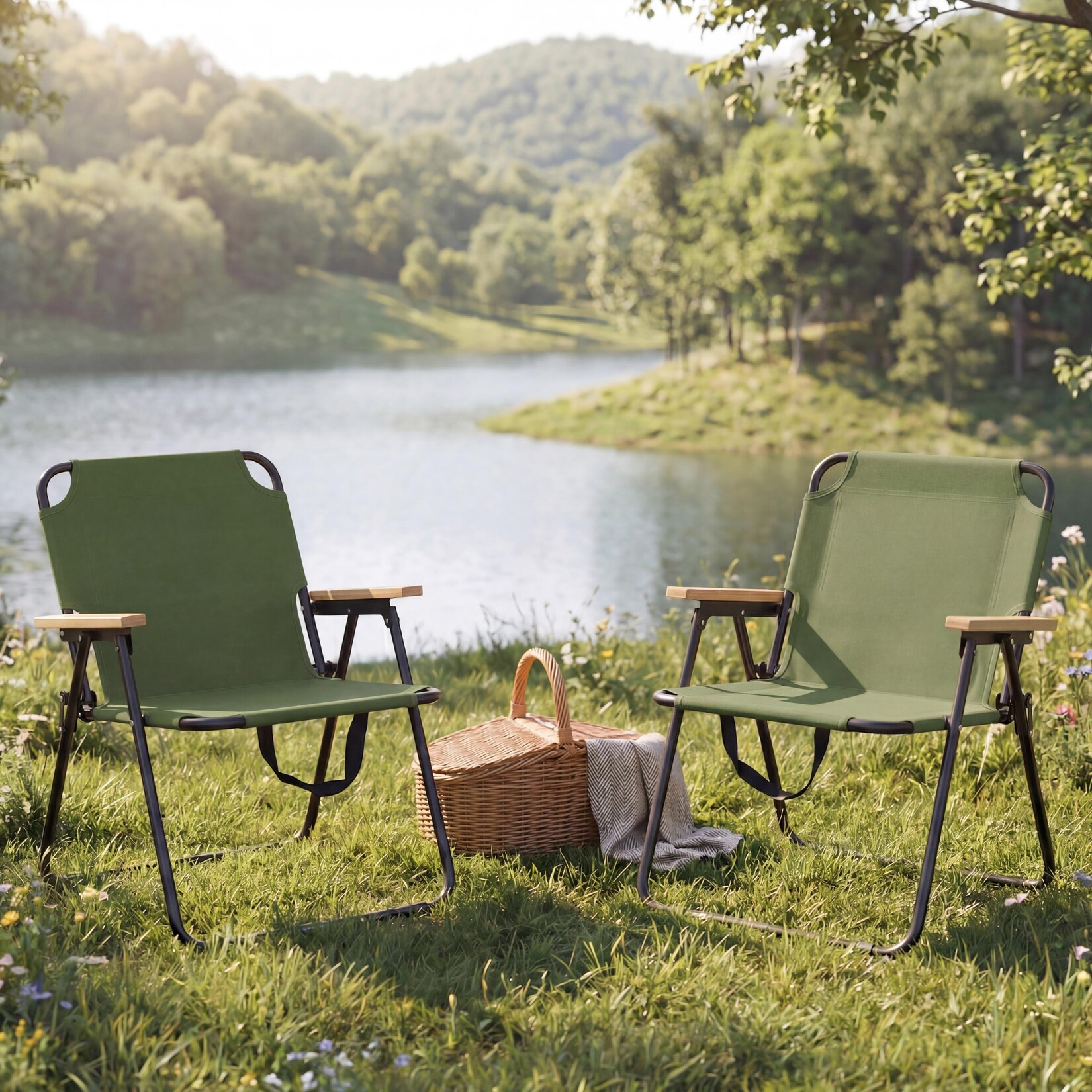 2er-Set Campingstuhl MCW-Q43, Gartenstuhl Balkonstuhl Freizeitstuhl, klappbar Bambus Metall Stoff/Textil ~ grün