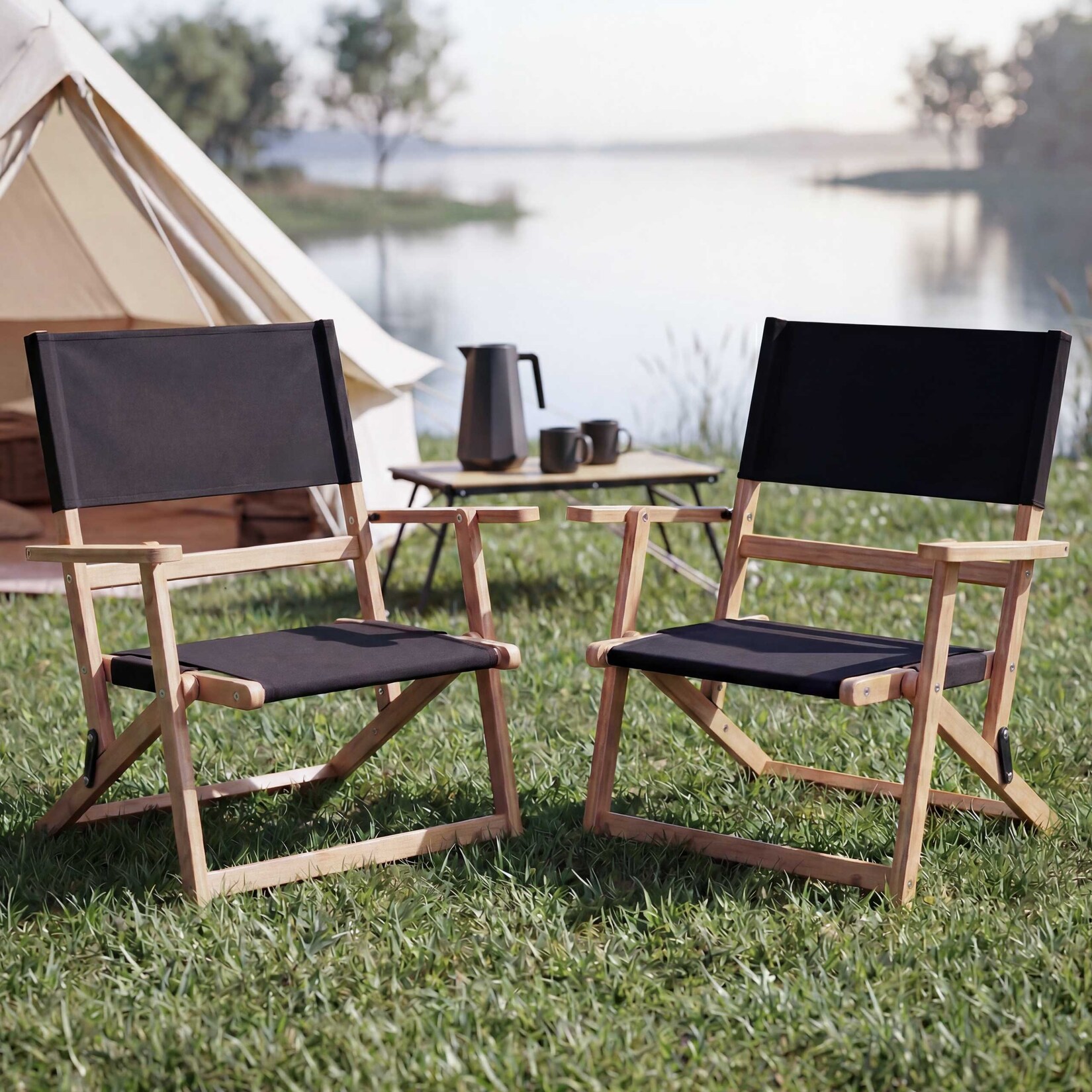 2er-Set Bambus Campingstuhl MCW-Q42, Gartenstuhl Balkonstuhl Freizeitstuhl klappbar Outdoor Stoff/Textil ~ schwarz