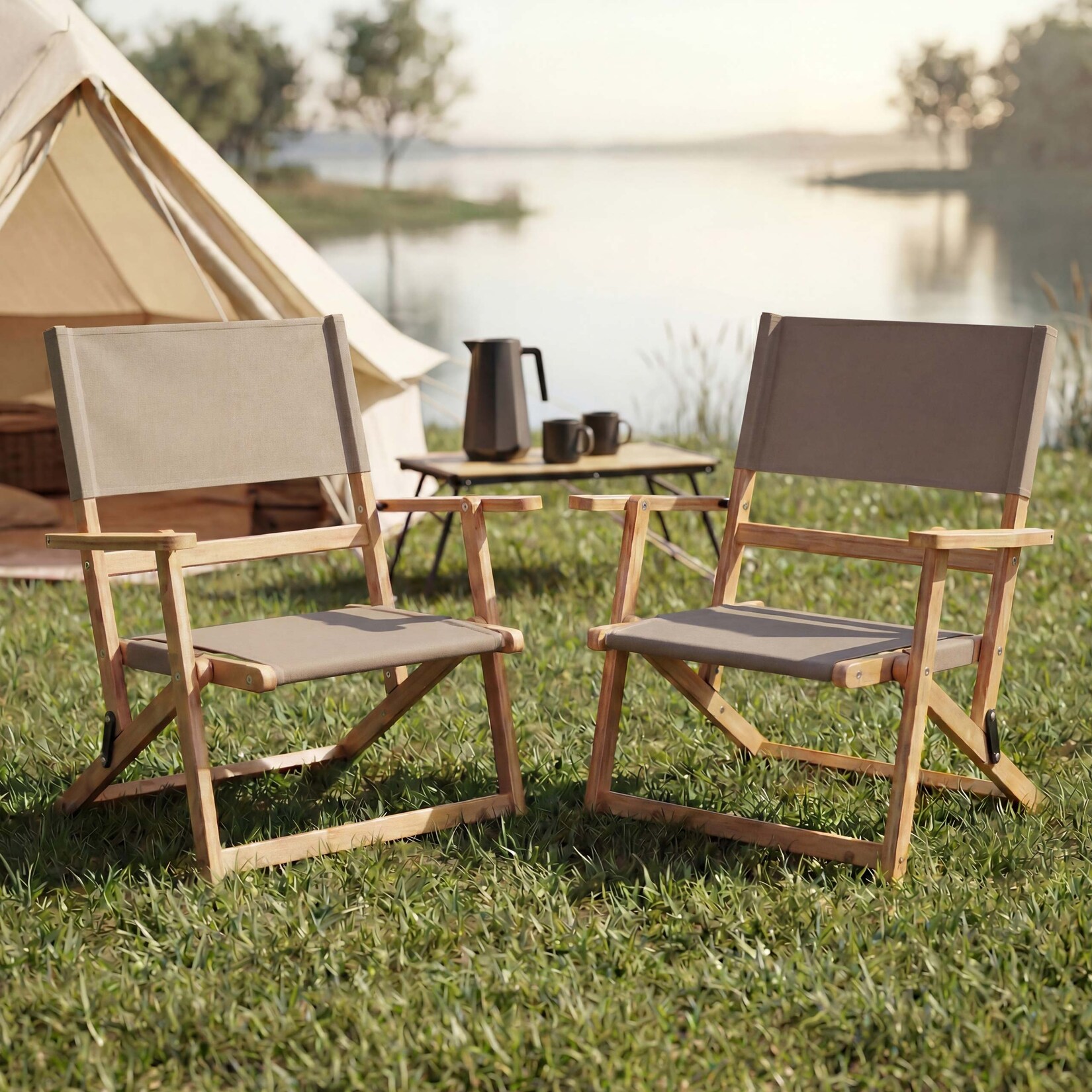 2er-Set Bambus Campingstuhl MCW-Q42, Gartenstuhl Balkonstuhl Freizeitstuhl klappbar Outdoor Stoff/Textil ~ creme