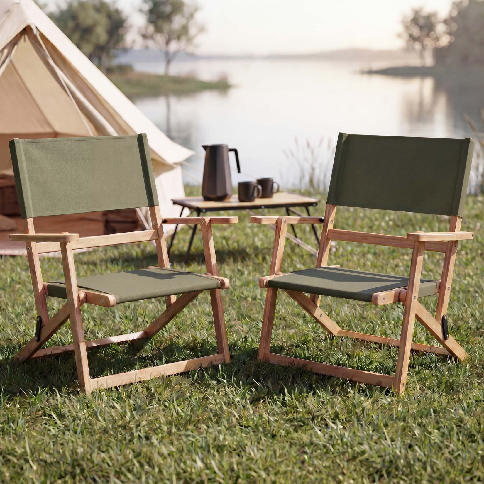 2er-Set Bambus Campingstuhl MCW-Q42, Gartenstuhl Balkonstuhl Freizeitstuhl klappbar Outdoor Stoff/Textil ~ grün