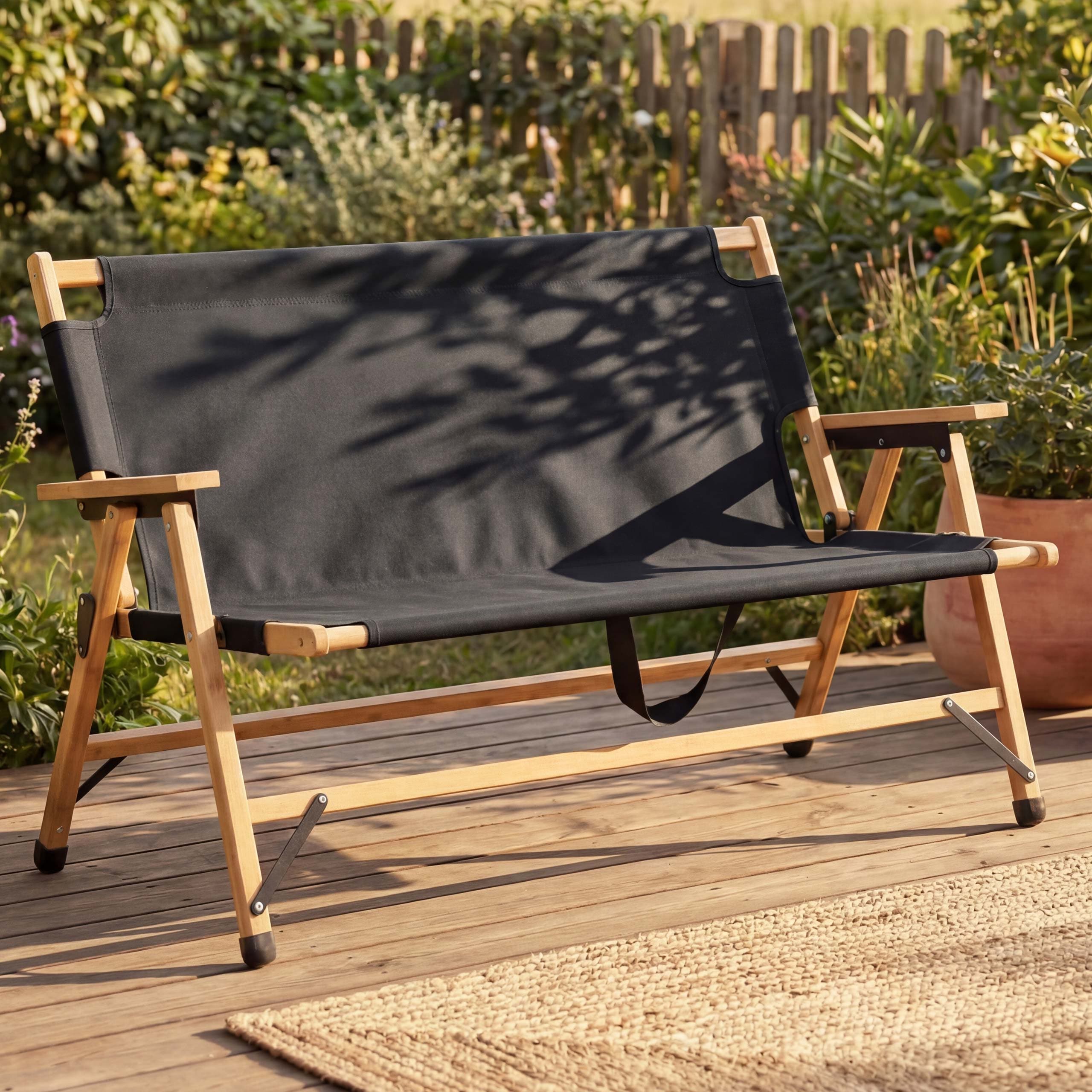 Bambus Campingbank MCW-Q40, Outdoorbank Picknickbank Gartenbank, klappbar Tragegriff Stoff/Textil 117cm ~ schwarz - Bild 1