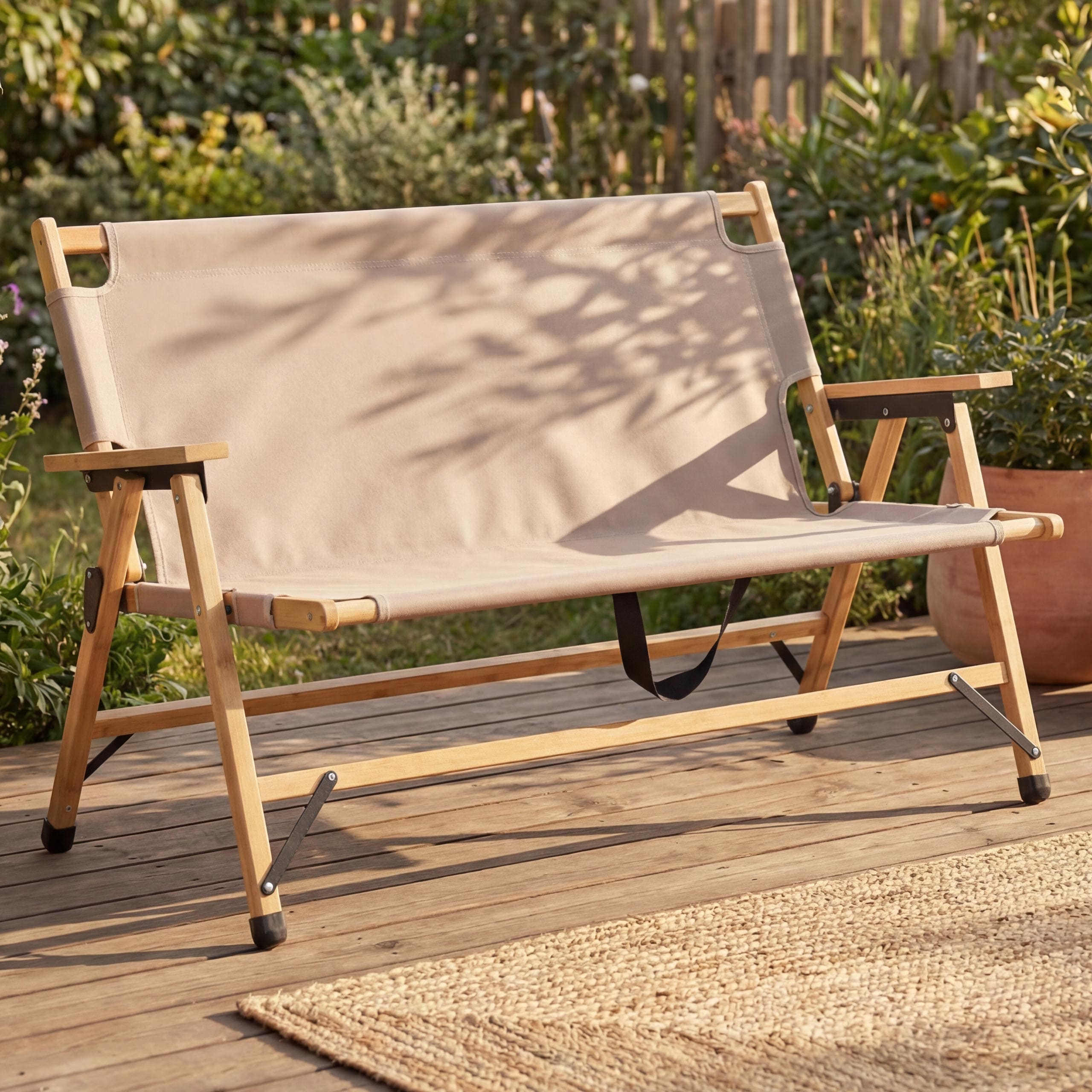 Bambus Campingbank MCW-Q40, Outdoorbank Picknickbank Gartenbank, klappbar Tragegriff Stoff/Textil 117cm ~ creme - Bild 1