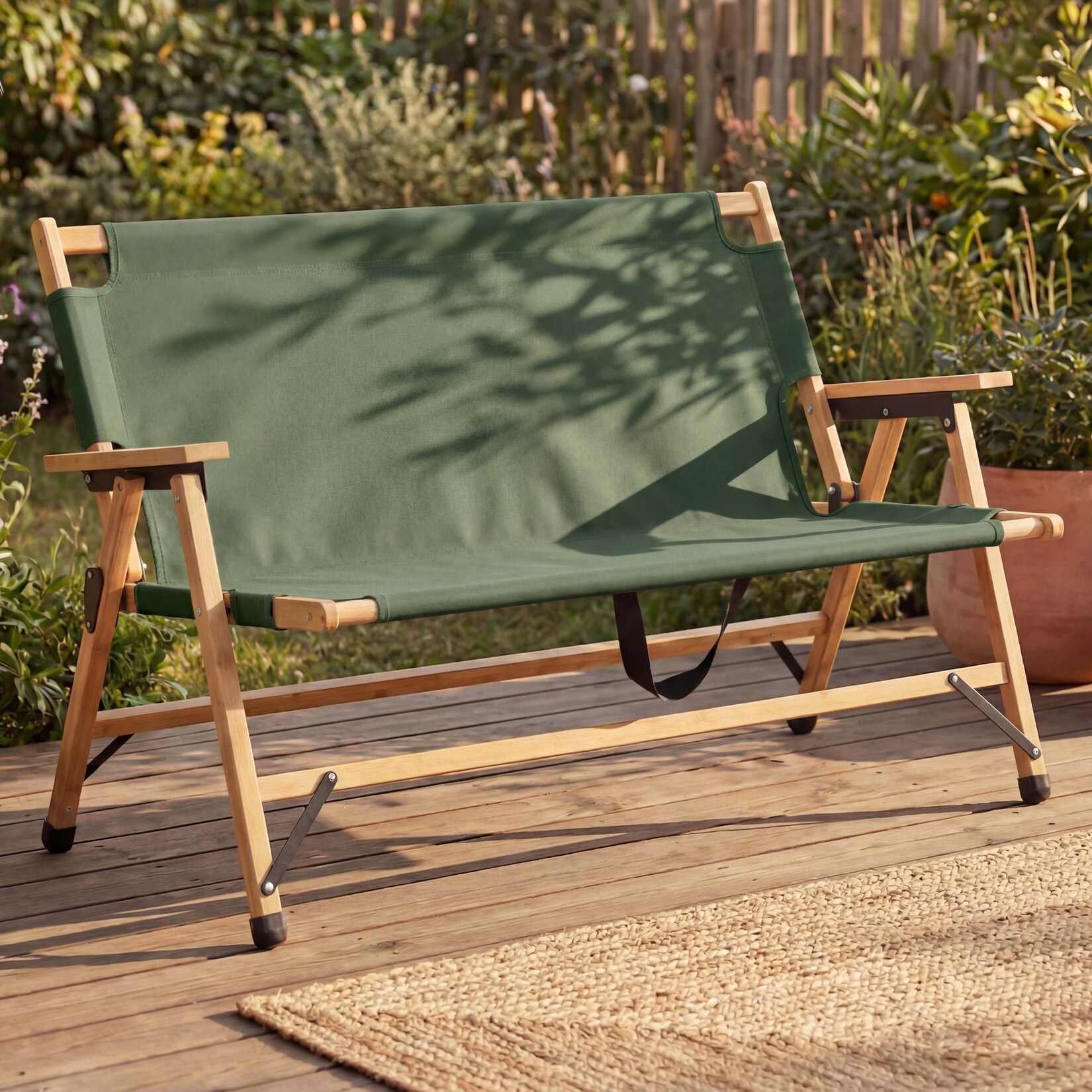 Bambus Campingbank MCW-Q40, Outdoorbank Picknickbank Gartenbank, klappbar Tragegriff Stoff/Textil 117cm ~ grün