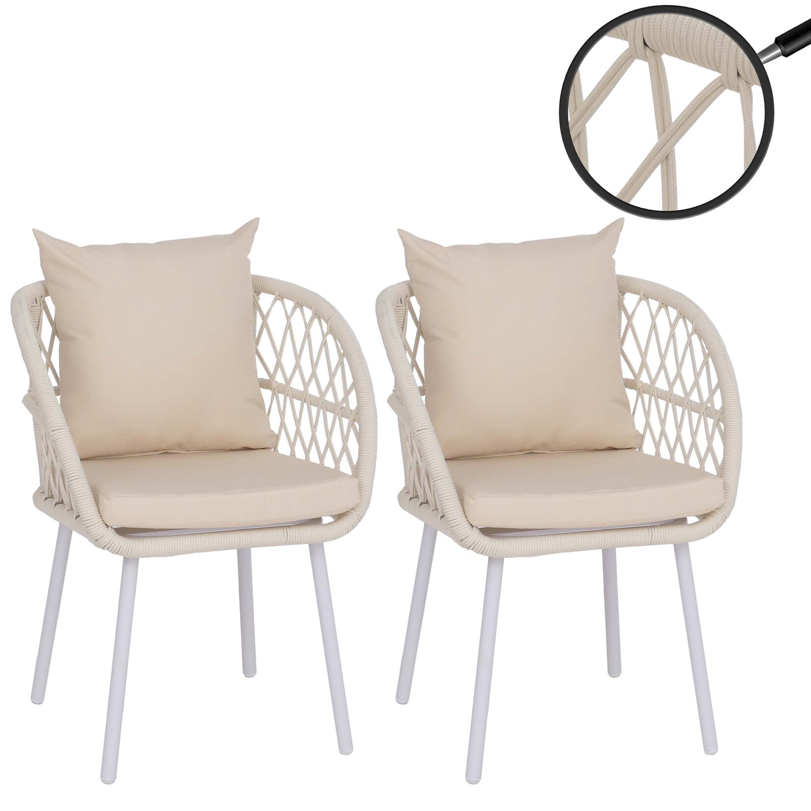 2er-Set Gartenstuhl -Q38, Gartensessel Armlehne, Aluminium Seilgeflecht Rope ~ Gestell hellgrau, Polster creme