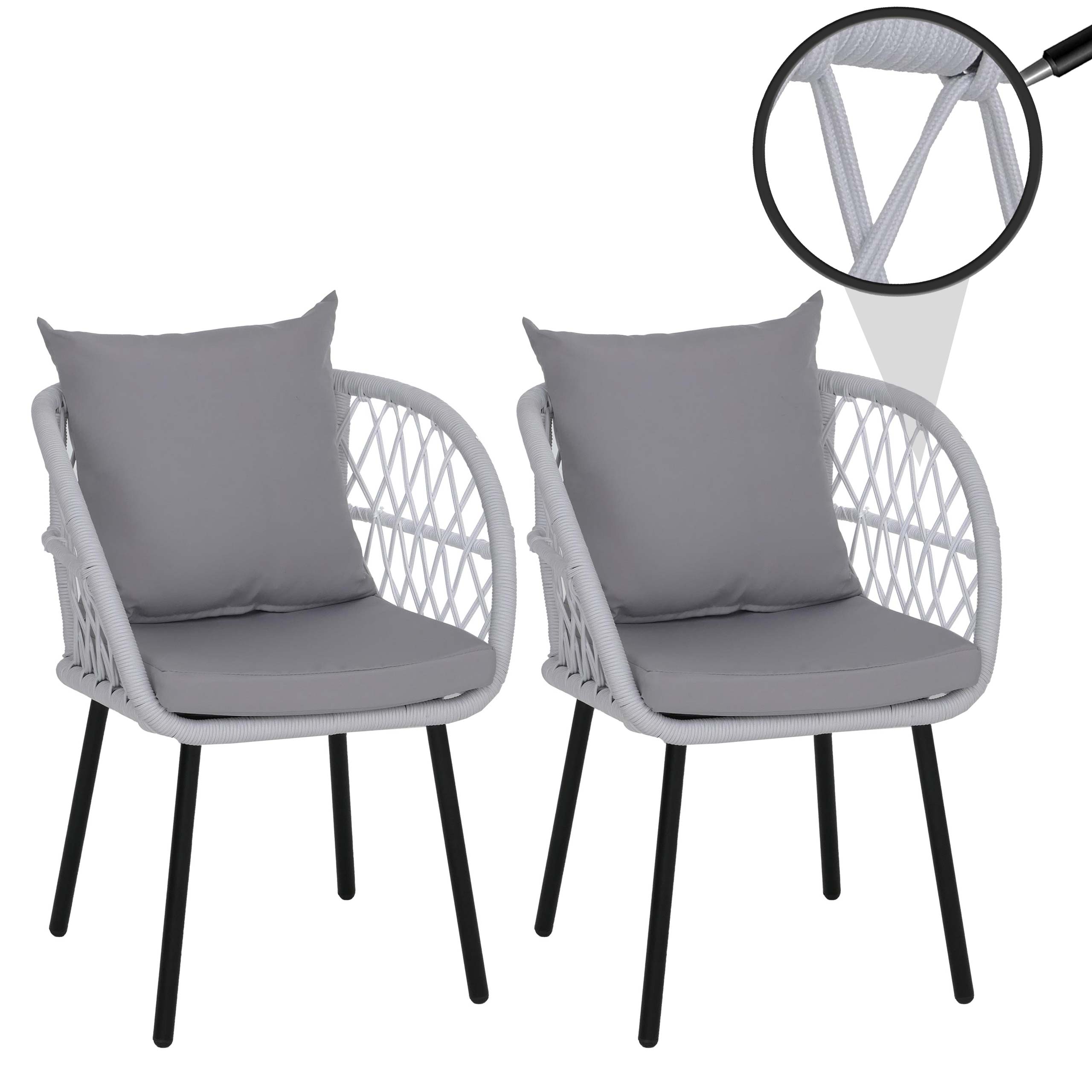 2er-Set Gartenstuhl MCW-Q38, Gartensessel Armlehne, Aluminium Seilgeflecht Rope ~ Gestell schwarz, Polster hellgrau - Bild 1