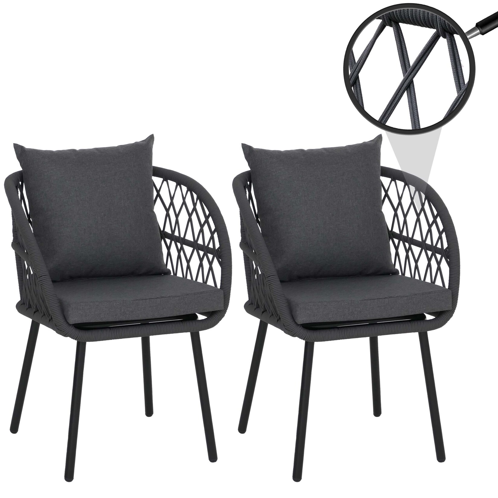 2er-Set Gartenstuhl -Q38, Gartensessel Armlehne, Aluminium Seilgeflecht Rope ~ Gestell schwarz, Polster anthrazit