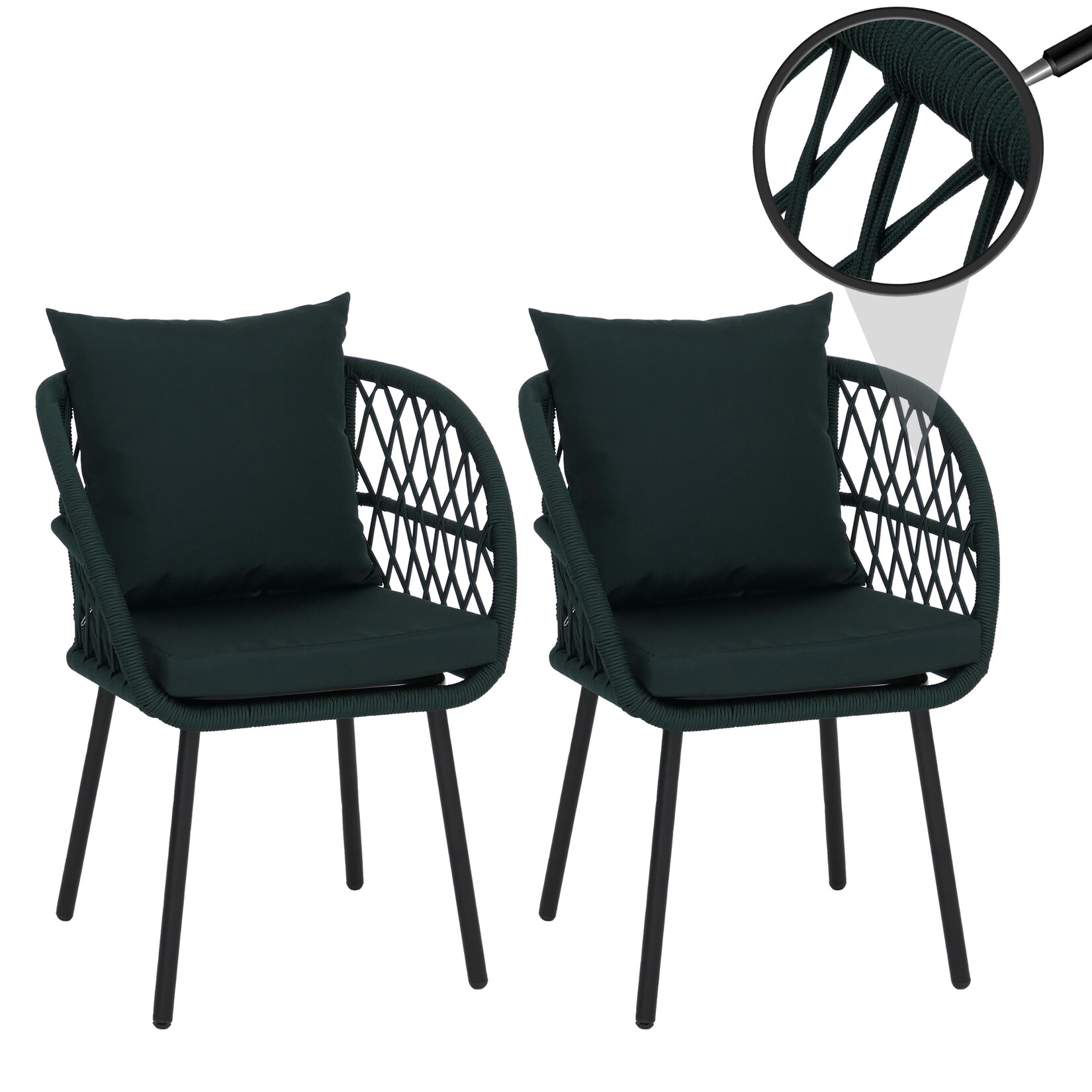 2er-Set Gartenstuhl -Q38, Gartensessel Armlehne, Aluminium Seilgeflecht Rope ~ Gestell schwarz, Polster grün