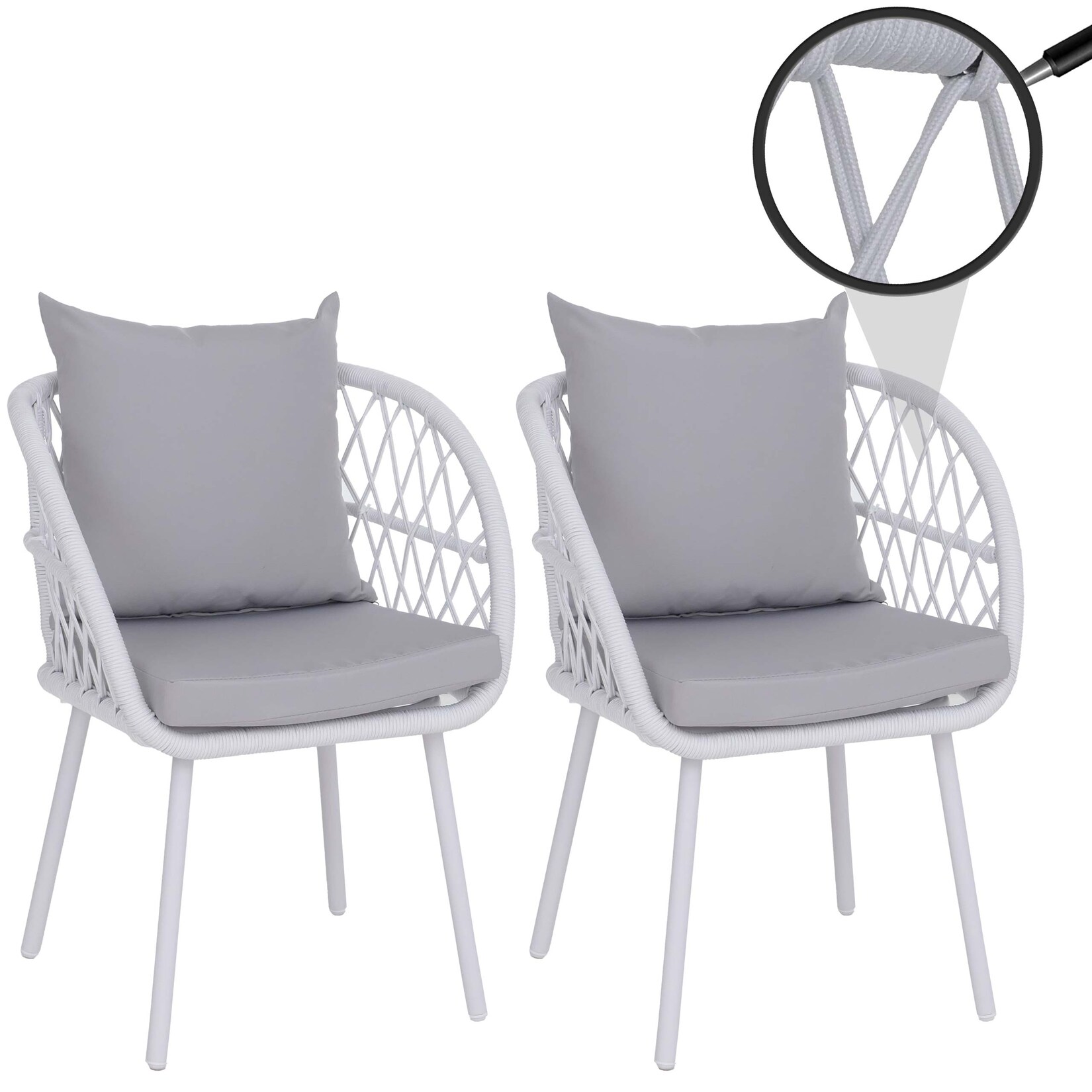2er-Set Gartenstuhl -Q38, Gartensessel Armlehne, Aluminium Seilgeflecht Rope ~ Gestell hellgrau, Polster hellgrau