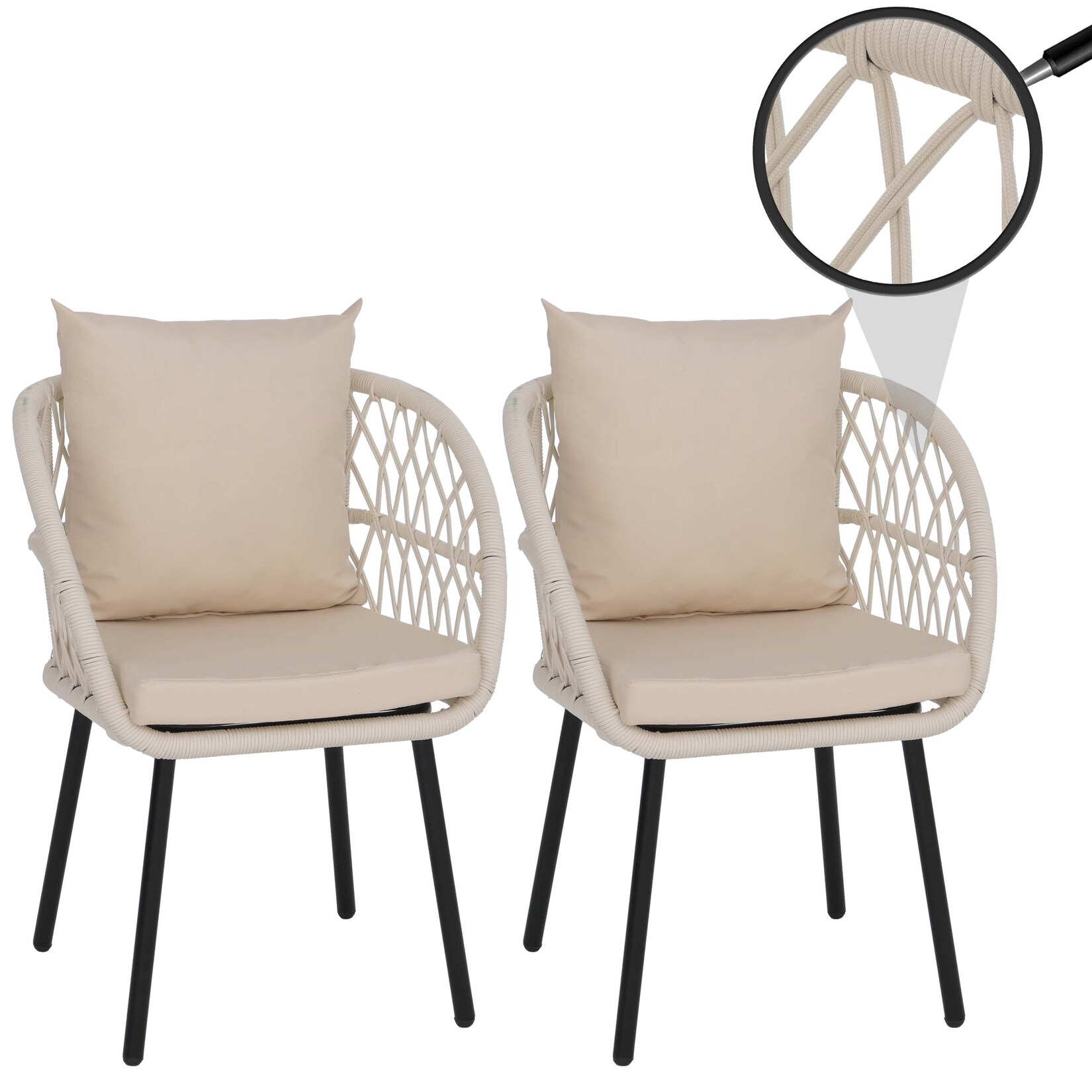 2er-Set Gartenstuhl -Q38, Gartensessel Armlehne, Aluminium Seilgeflecht Rope ~ Gestell schwarz, Polster creme