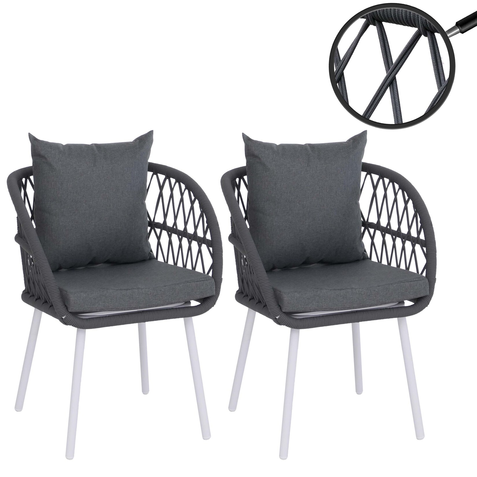 2er-Set Gartenstuhl -Q38, Gartensessel Armlehne, Aluminium Seilgeflecht Rope ~ Gestell hellgrau, Polster anthrazit