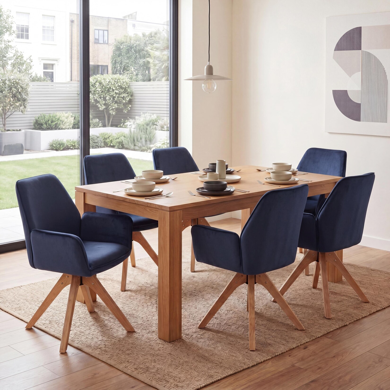 6er-Set Esszimmerstuhl MCW-G67, Esstischstuhl Küchenstuhl mit Armlehne, drehbar Holz Samt 320 g/m² MVG ~ anthrazit-blau