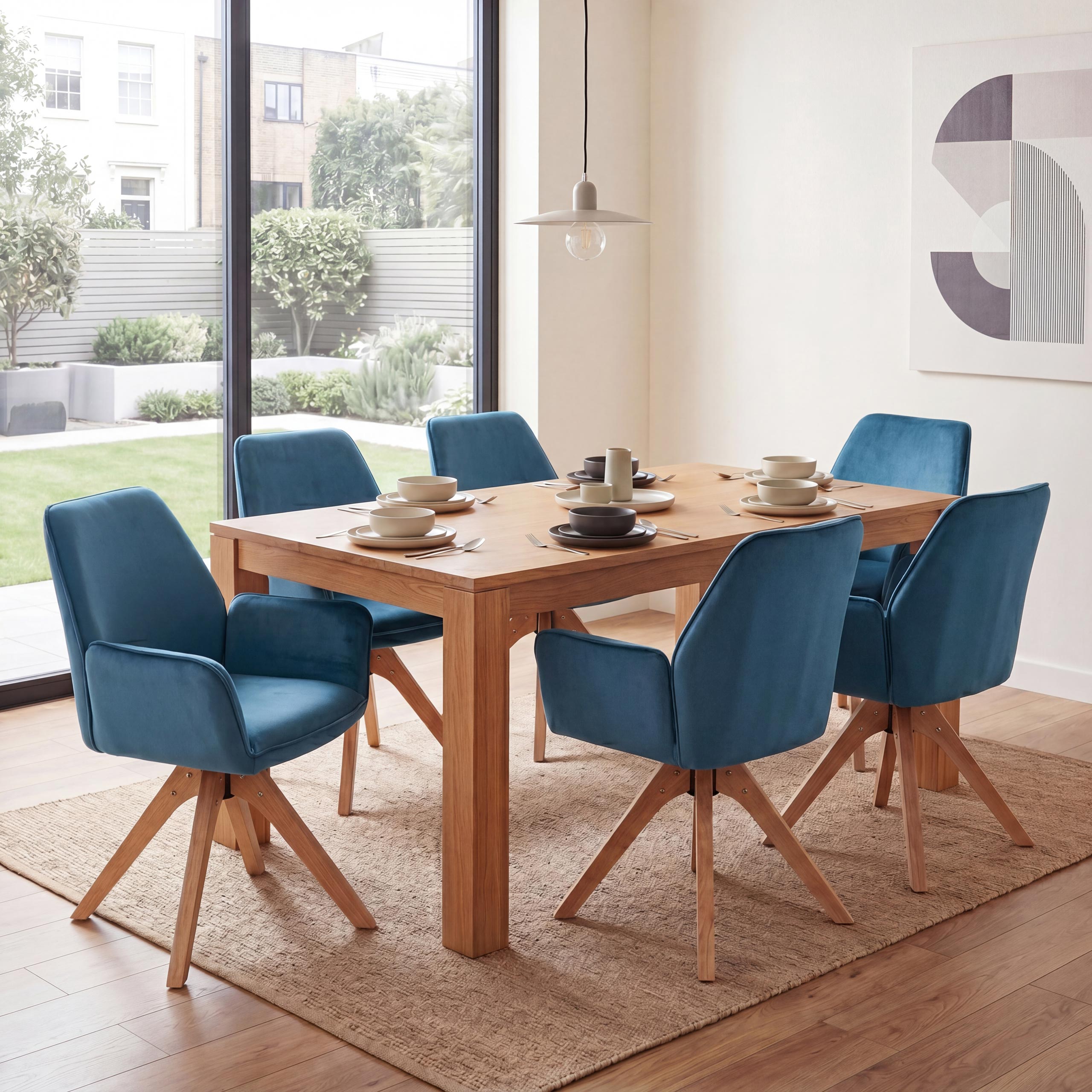6er-Set Esszimmerstuhl MCW-G67, Esstischstuhl K&uuml;chenstuhl mit Armlehne, drehbar Holz Samt 320 g/m&sup2; MVG ~ t&uuml;rkis-blau - Bild 1