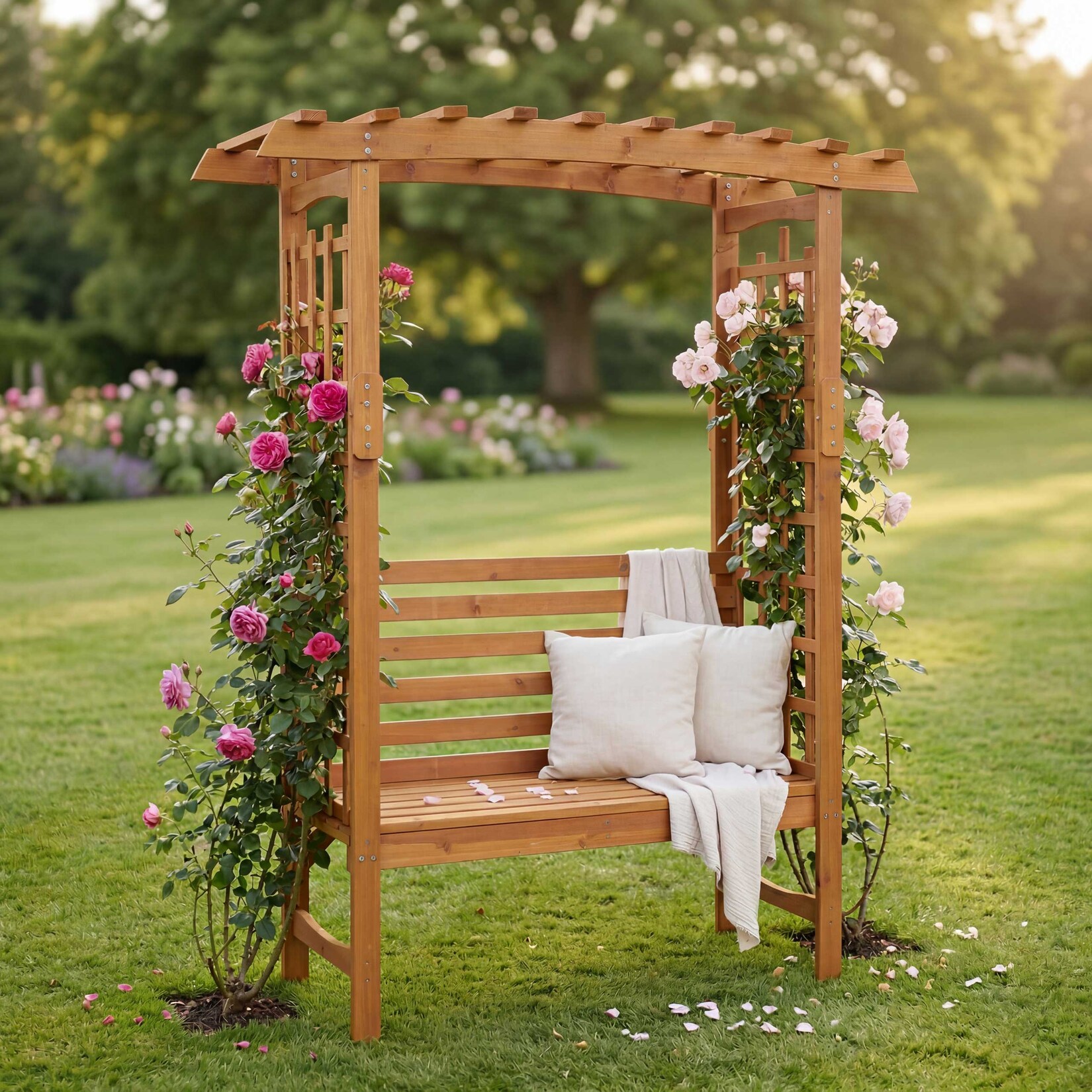 Rosenbogen mit Sitzbank -Q21, Gartenbogen Rankhilfe Bank Gartenbank Holz MVG-zertifiziert 201x160x60cm ~ natur