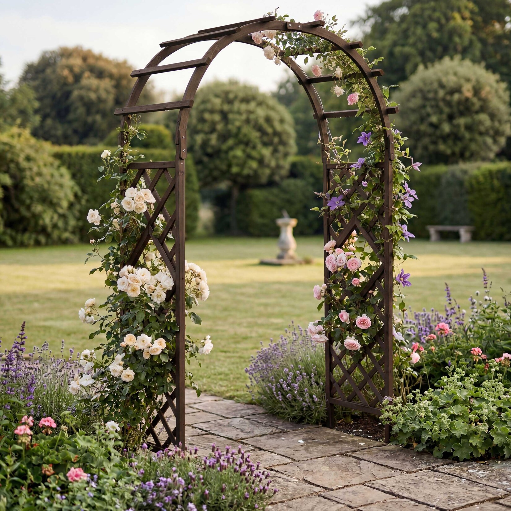 Rosenbogen -Q20, Rankgitter Rosenspalier Rankhilfe Torbogen Garten Holz MVG-zertifiziert 210x126x60cm ~ dunkelbraun