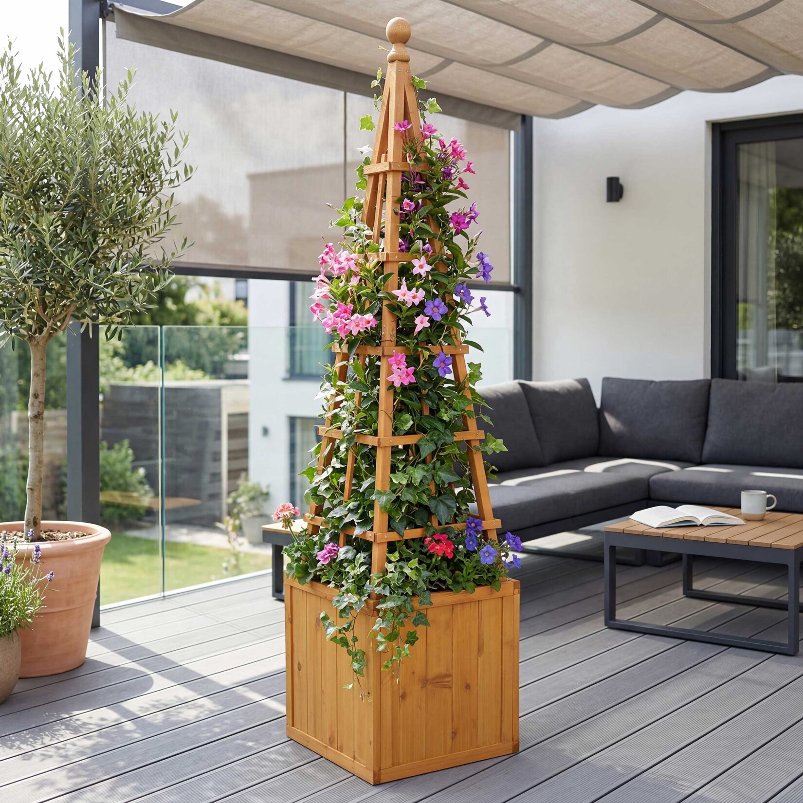 Rankgitter -Q18, Pflanzkasten Pflanzkübel Blumenkasten Rankhilfe Holz MVG-zertifiziert 168x40x40cm ~ natur