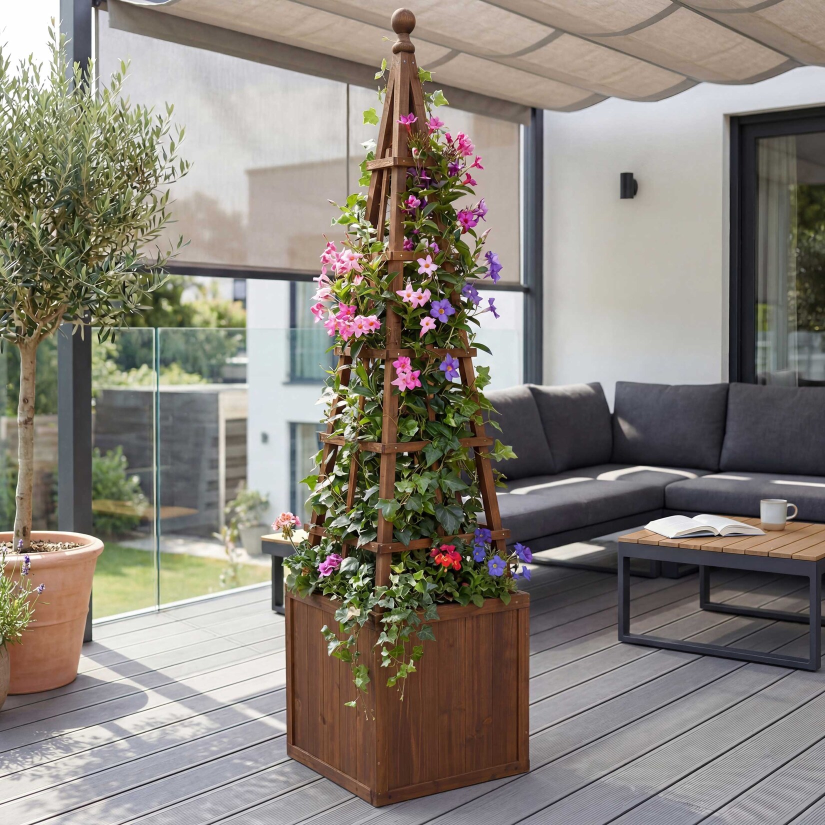 Rankgitter -Q18, Pflanzkasten Pflanzkübel Blumenkasten Rankhilfe Holz MVG-zertifiziert 168x40x40cm ~ dunkelbraun