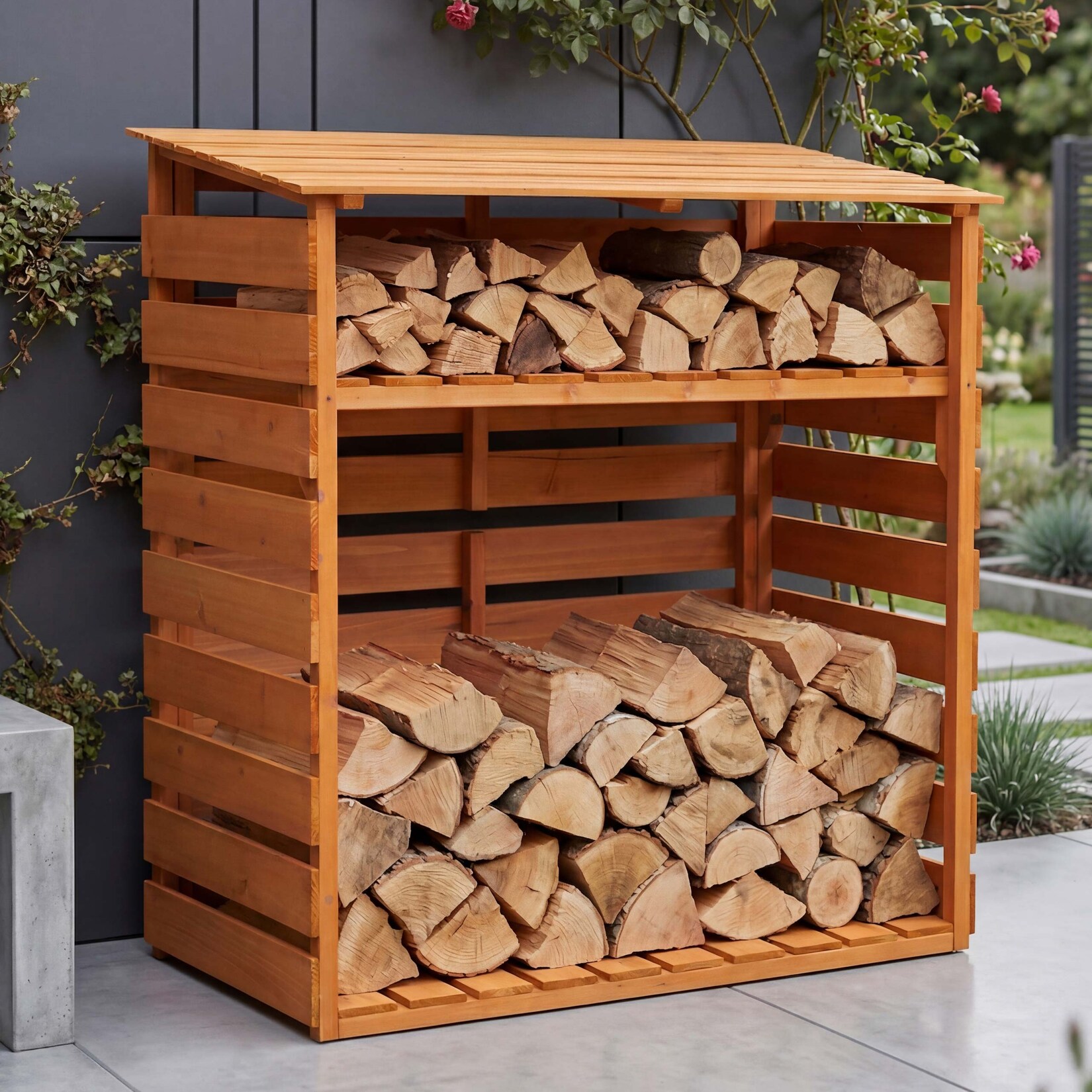 Brennholzlager MCW-Q16, Kamin-/Feuerholzregal Holzlager Holzunterstand, Ablage Holz Tanne MVG 121x122x61cm ~ natur