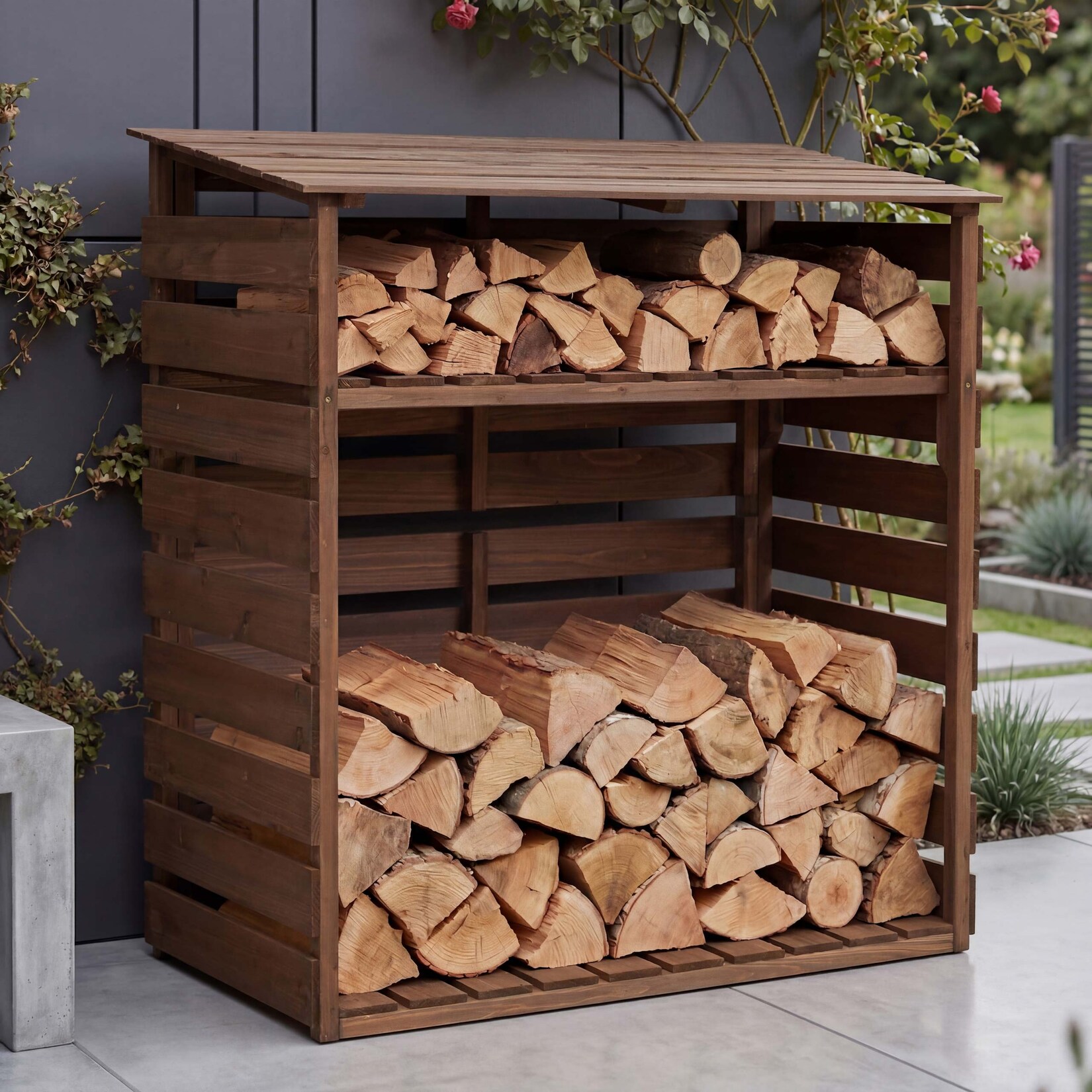 Brennholzlager MCW-Q16, Kamin-/Feuerholzregal Holzlager Holzunterstand, Ablage Holz Tanne MVG 121x122x61cm ~ dunkelbraun