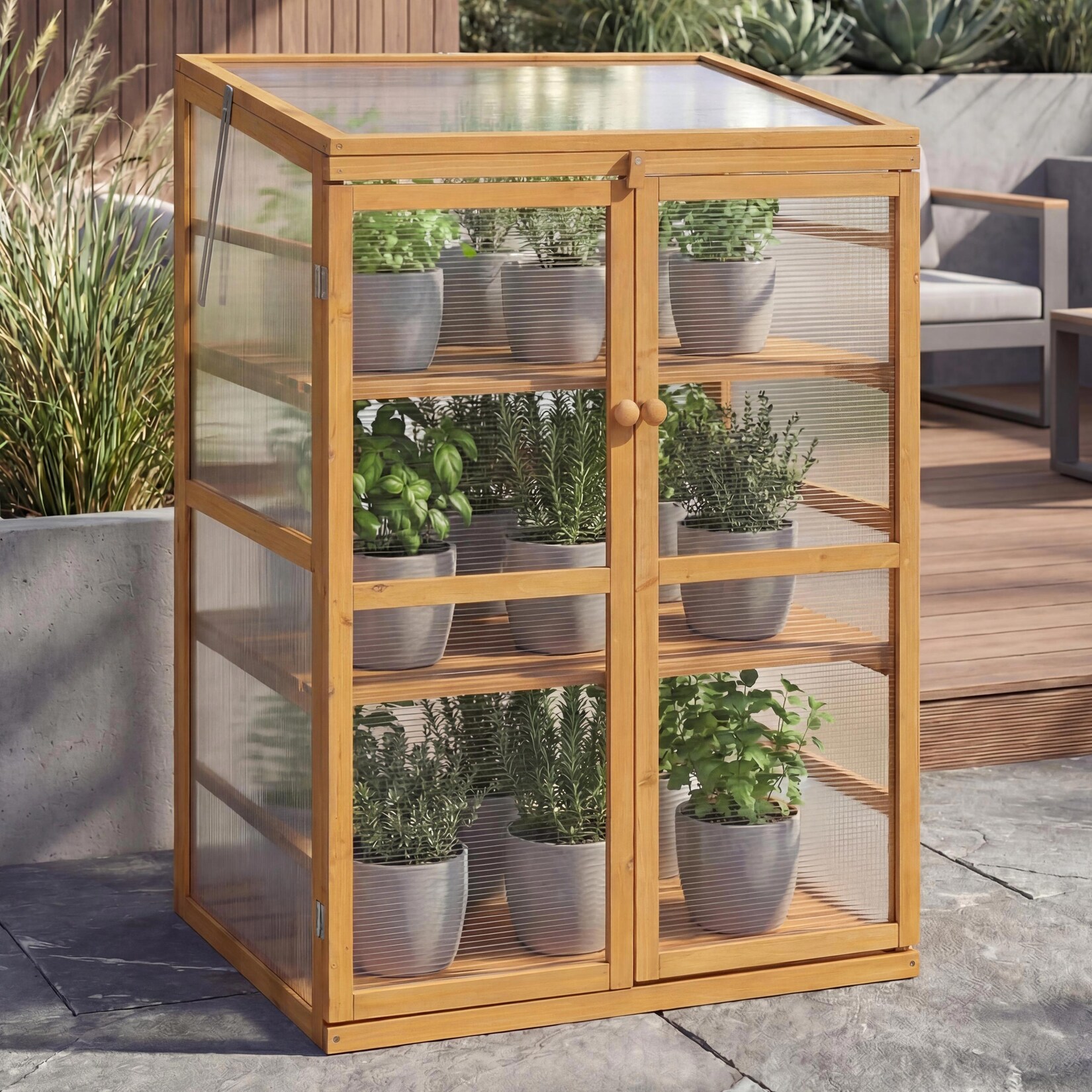 Gewächshaus -Q13, Treibhaus Anzuchthaus Frühbeet Fenster verstellbar Holz MVG-zertifiziert&nbsp;110x76x57cm ~ natur
