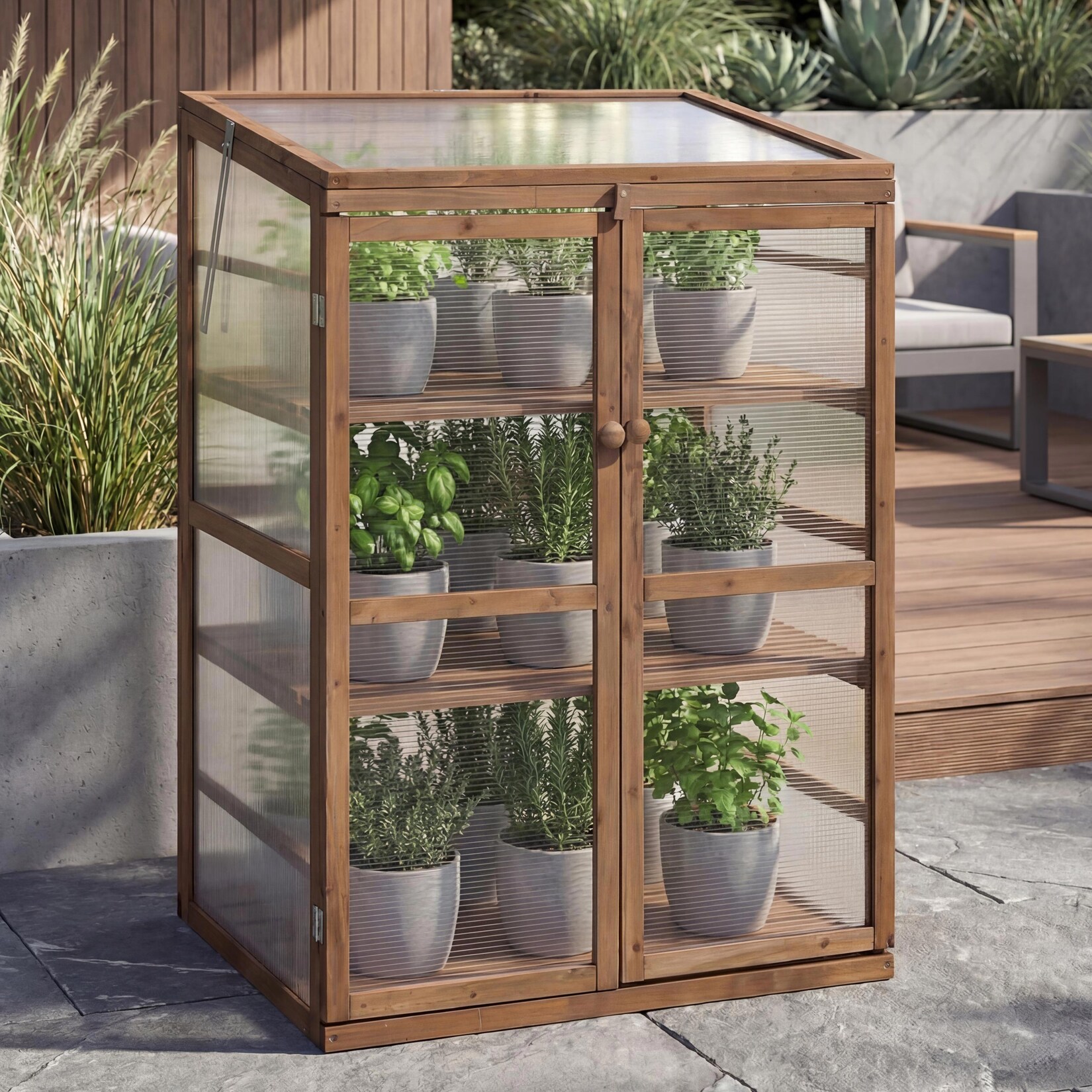Gewächshaus -Q13, Treibhaus Anzuchthaus Frühbeet Fenster verstellbar Holz MVG-zertifiziert&nbsp;110x76x57cm ~ dunkelbraun