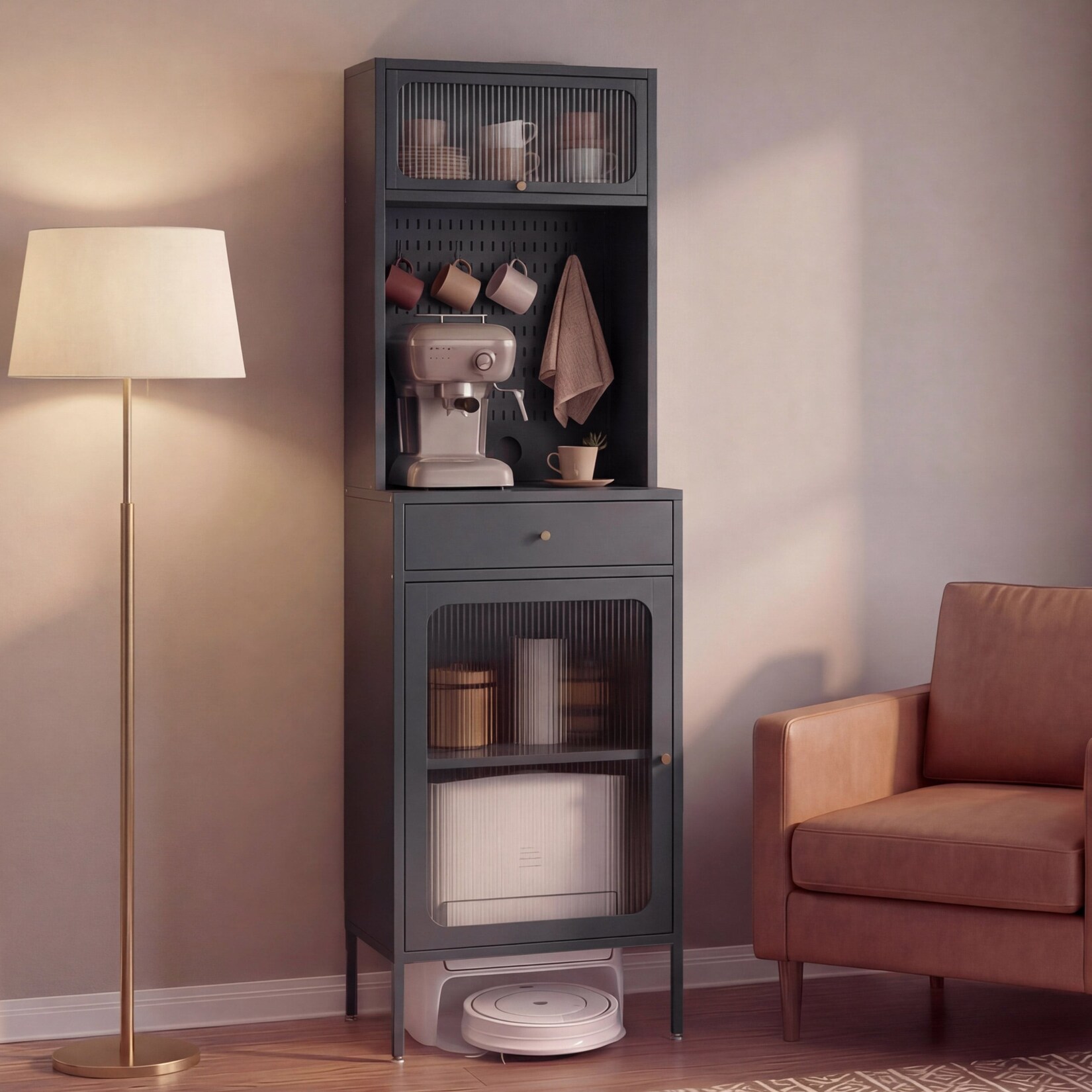 Highboard MCW-P99, Hochschrank Küchenschrank Saugrobotergarage, Staufächer Metall Glas 182x54x40cm ~ anthrazit