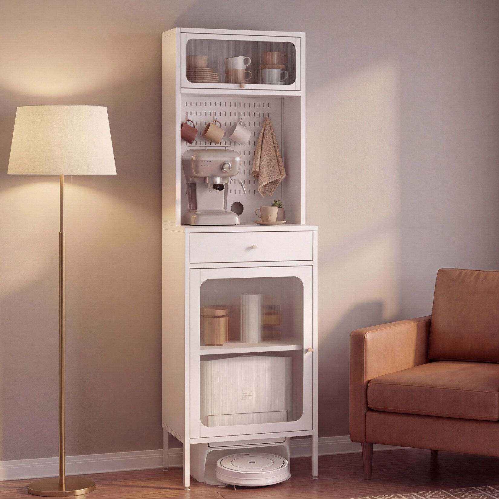 Highboard MCW-P99, Hochschrank Küchenschrank Saugrobotergarage, Staufächer Metall Glas 182x54x40cm ~ weiß