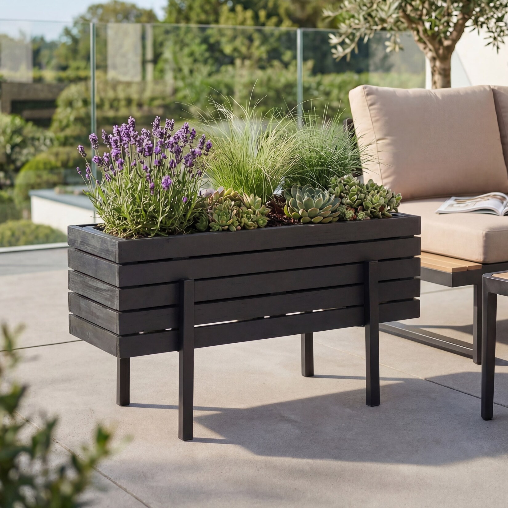Pflanzkasten -P88, Blumen-/Pflanzkübel Blumenkasten, In-/Outdoor Akazie Holz MVG-zertifiziert 35x62x22cm ~ schwarz