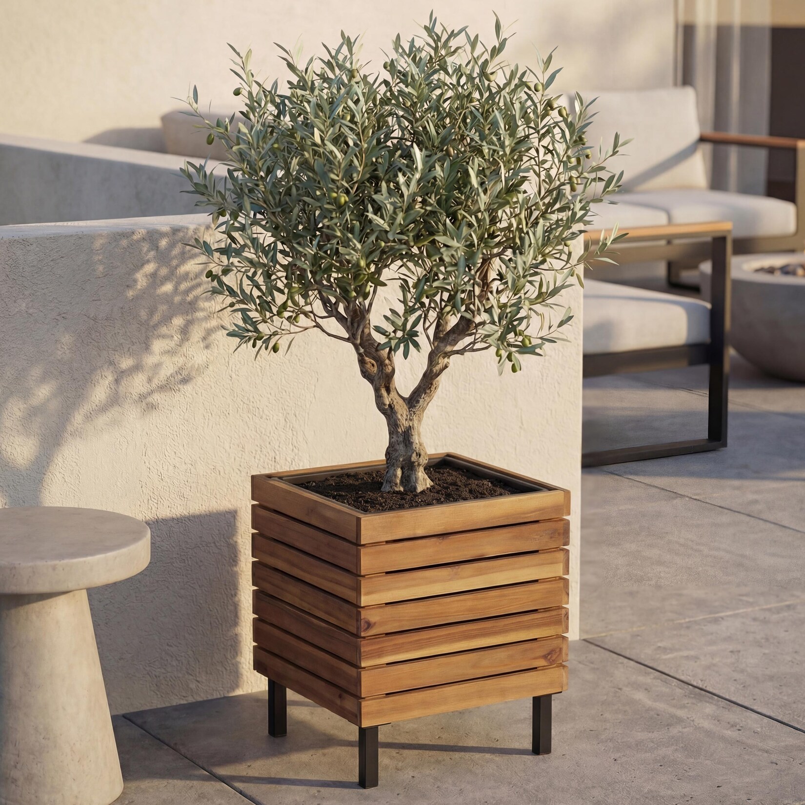 Pflanzkasten -P84, Blumenkasten quadratisch Outdoor Stahl Akazie 43x33x33cm MVG-zertifiziert ~ braun