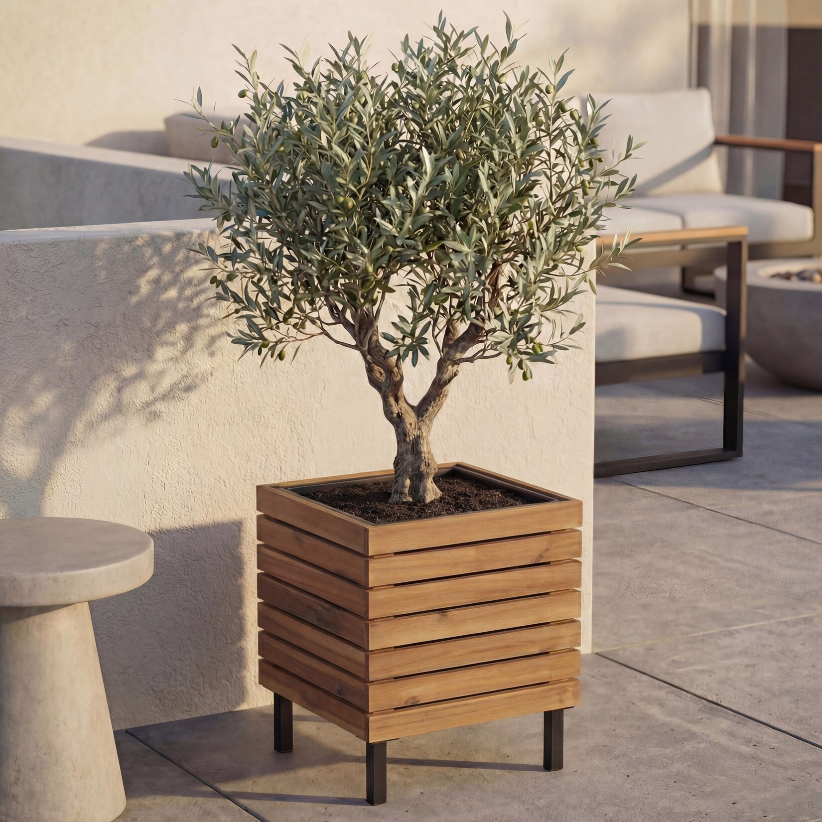 Pflanzkasten -P84, Blumenkasten quadratisch Outdoor Stahl Akazie 43x33x33cm MVG-zertifiziert ~ hellbraun