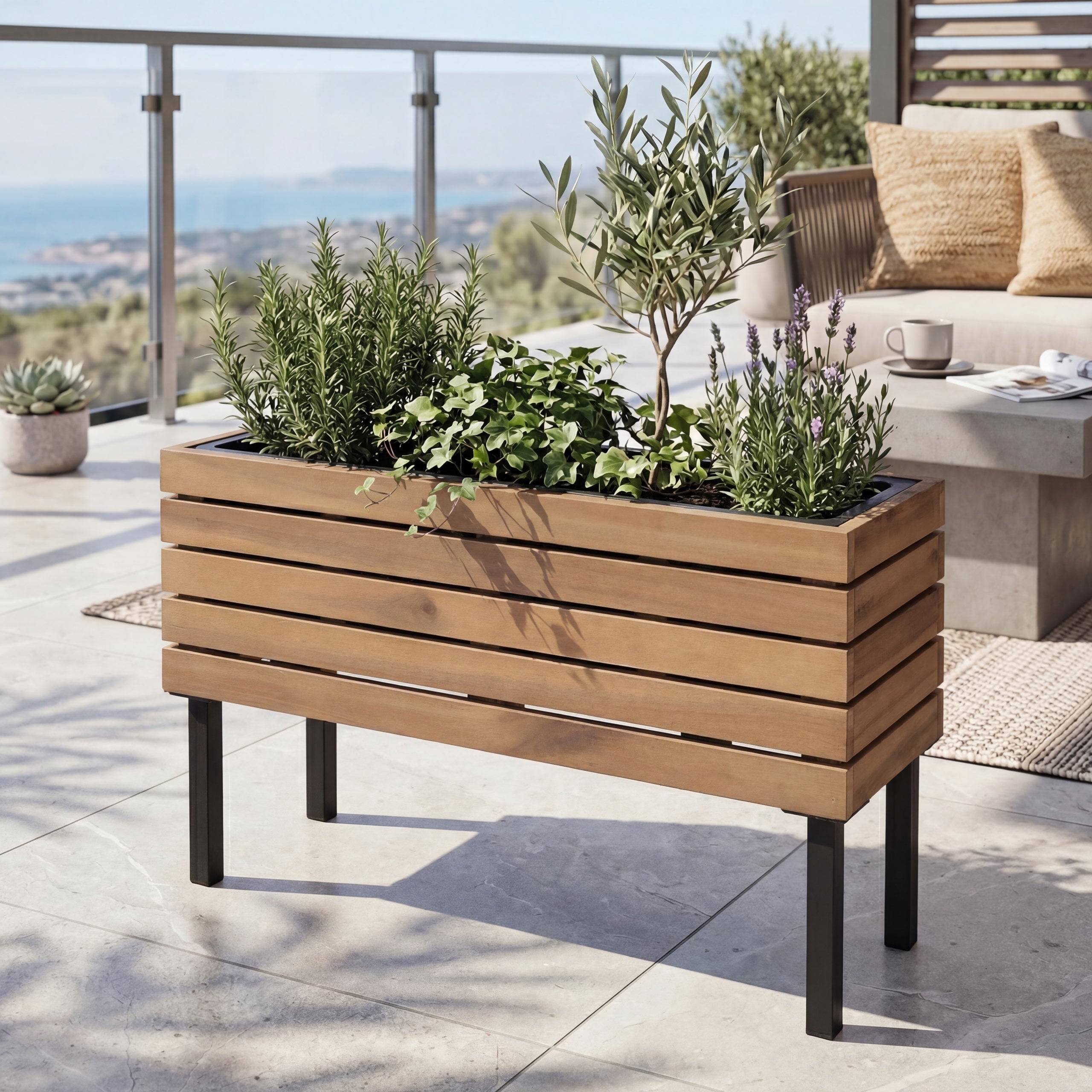 Pflanzkasten MCW-P84, Blumenkasten Outdoor Stahl Akazie 36x62x22cm MVG-zertifiziert ~ hellbraun - Bild 1